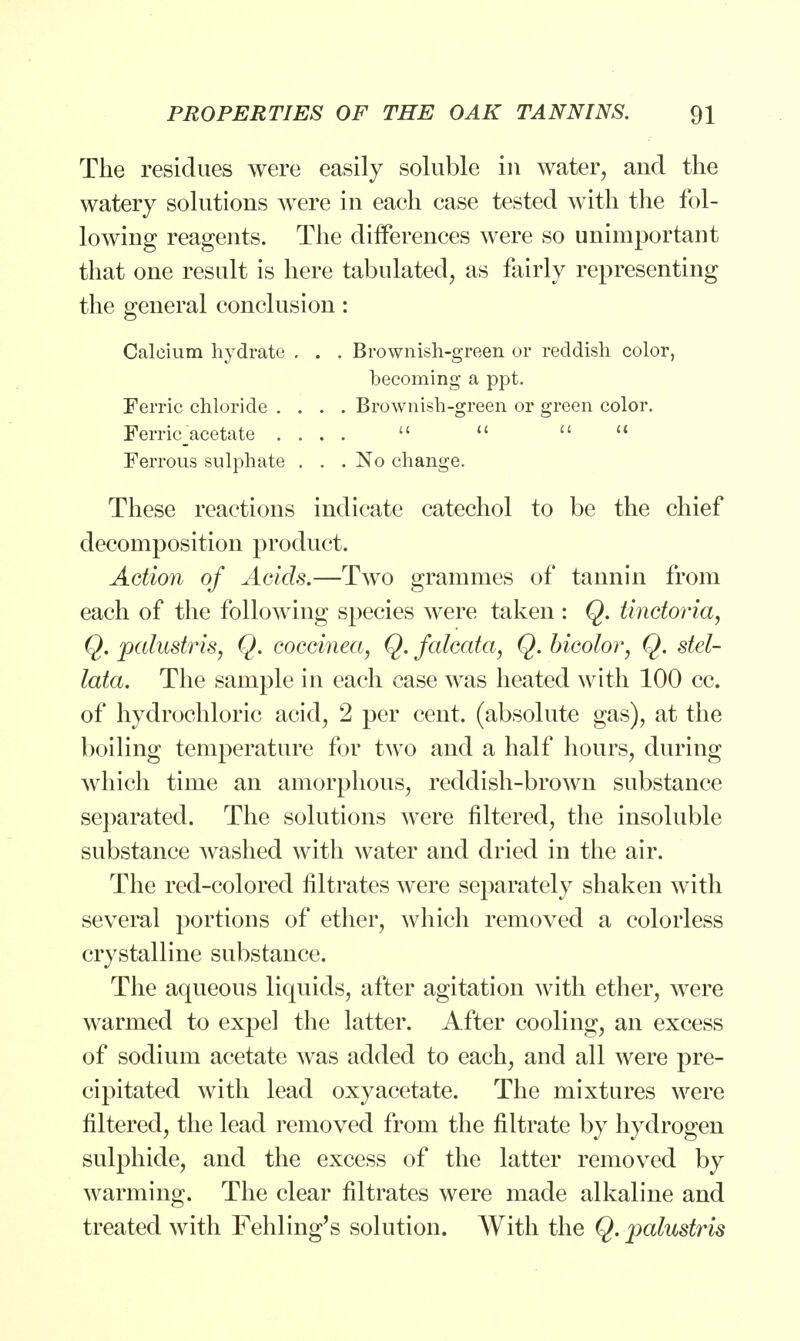 The residues were easily soluble in water, and the watery solutions were in each case tested with the fol- lowing reagents. The differences were so unimportant that one result is here tabulated, as fairly representing the general conclusion: Calcium hydrate . . . Brownish-green or reddish color, becoming a ppt. Ferric chloride .... Brownish-green or green color. Ferrkfacetate ....     Ferrous sulphate . . . No change. These reactions indicate catechol to be the chief decomposition product. Action of Acids.—Two grammes of tannin from each of the following species were taken : Q. tinetoria, Q. palustris, Q. coccinea, Q. falcata, Q. bicolor, Q. stel- lata. The sample in each case was heated with 100 cc. of hydrochloric acid, 2 per cent, (absolute gas), at the boiling temperature for two and a half hours, during which time an amorphous, reddish-brown substance separated. The solutions were filtered, the insoluble substance washed with water and dried in the air. The red-colored filtrates were separately shaken with several portions of ether, which removed a colorless crystalline substance. The aqueous liquids, after agitation with ether, were warmed to expel the latter. After cooling, an excess of sodium acetate was added to each, and all were pre- cipitated with lead oxyacetate. The mixtures were filtered, the lead removed from the filtrate by hydrogen sulphide, and the excess of the latter removed by warming. The clear filtrates were made alkaline and treated with Fehling's solution. With the Q. palustris