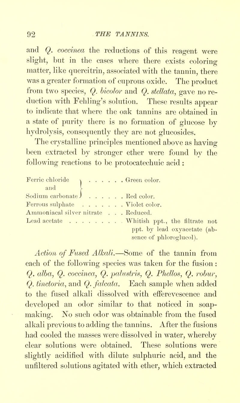 and Q. coccinea the reductions of this reagent were slight, but in the cases where there exists coloring matter, like quercitrin, associated with the tannin, there was a greater formation of cuprous oxide. The product from two species, Q. bicolor and Q. stellata, gave no re- duction with Fehling's solution. These results appear to indicate that where the oak tannins are obtained in a state of purity there is no formation of glucose by hydrolysis, consequently they are not glucosides. The crystalline principles mentioned above as having been extracted by stronger ether were found by the following reactions to be protocatechuic acid : Ferric chloride \ . . . . and V Sodium carbonate J . . . . Ferrous sulphate Ammoniacal silver nitrate . Lead acetate Green color. Red color. Violet color. Reduced. Whitish ppt., the filtrate not ppt. by lead oxyacetate (ab- sence of phloroglucol). Action of Fused Alkali.—Some of the tannin from each of the following species was taken for the fusion: Q. alba, Q. coccinea, Q. palustris, Q. Phettos, Q. robur, Q. tinctoria, and Q. falcata. Each sample when added to the fused alkali dissolved with efferevescence and developed an odor similar to that noticed in soap- making. No such odor was obtainable from the fused alkali previous to adding the tannins. After the fusions had cooled the masses were dissolved in water, whereby clear solutions were obtained. These solutions were slightly acidified with dilute sulphuric acid, and the unfiltered solutions agitated with ether, which extracted