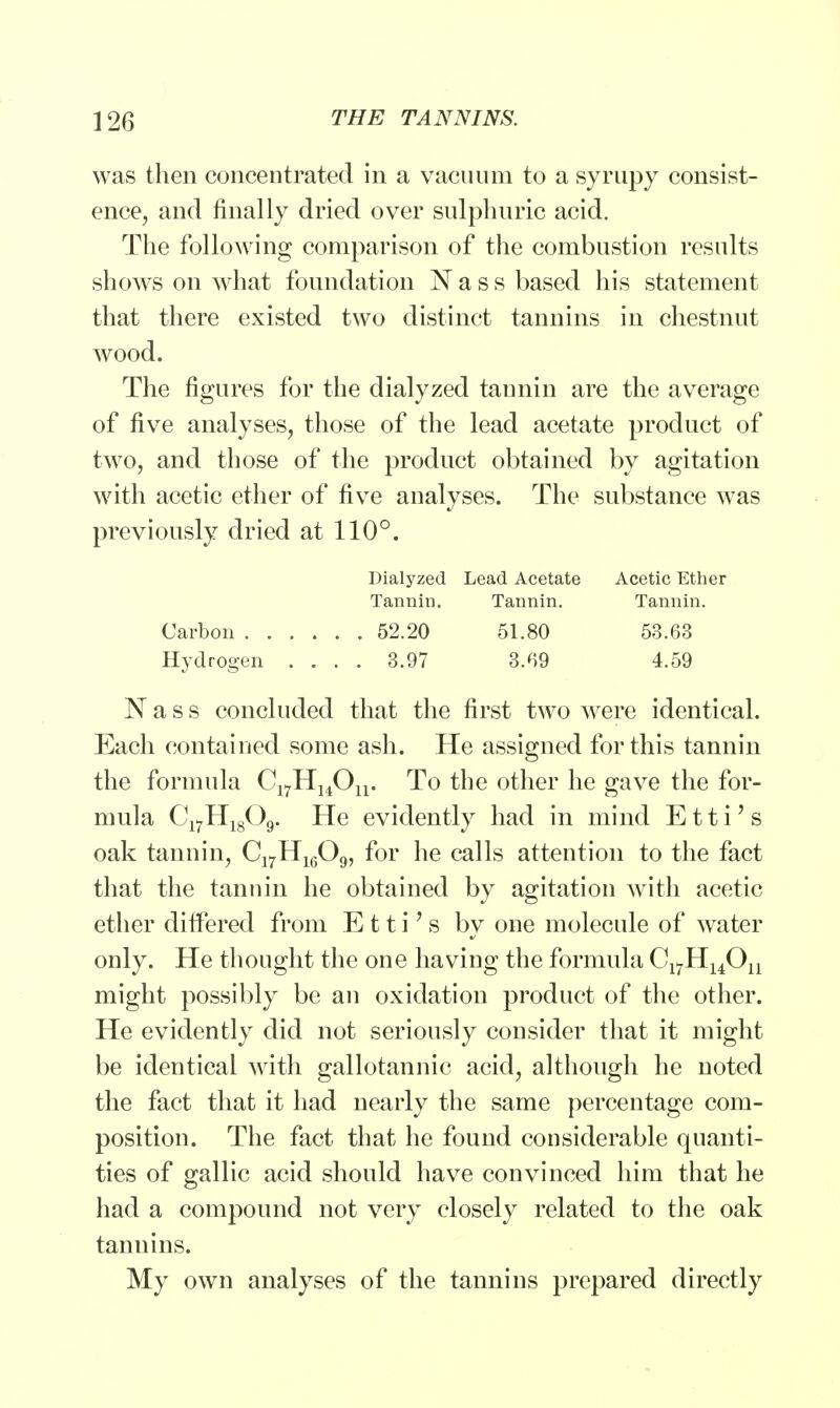 was then concentrated in a vacuum to a syrupy consist- ence, and finally dried over sulphuric acid. The following comparison of the combustion results shows on what foundation N a s s based his statement that there existed two distinct tannins in chestnut wood. The figures for the dialyzed tannin are the average of five analyses, those of the lead acetate product of two, and those of the product obtained by agitation with acetic ether of five analyses. The substance was previously dried at 110°. Dialyzed Lead Acetate Acetic Ether Tannin. Tannin. Tannin. Carbon 52.20 51.80 53.63 Hydrogen .... 3.97 3.69 4.59 N a s s concluded that the first two were identical. Each contained some ash. He assigned for this tannin the formula C17HuOn. To the other he gave the for- mula C17H1809. He evidently had in mind Etti's oak tannin, C17H1609, for he calls attention to the fact that the tannin he obtained by agitation with acetic ether differed from E11 i? s by one molecule of water only. He thought the one having the formula C17H14On might possibly be an oxidation product of the other. He evidently did not seriously consider that it might be identical with gallotannic acid, although he noted the fact that it had nearly the same percentage com- position. The fact that he found considerable quanti- ties of gallic acid should have convinced him that he had a compound not very closely related to the oak tannins. My own analyses of the tannins prepared directly