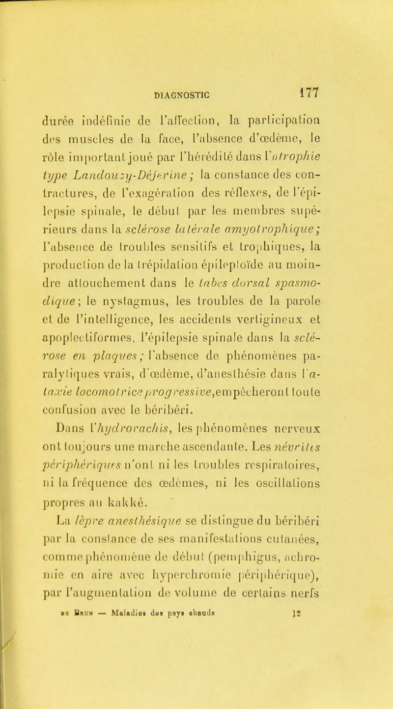 duree indennie de ralTeclion, la parlicipation dps muscles de la face, I'absence d'cedeme, le role inii)ortaiiLjoue par I'lieredile dans Vulrophie type Lando.uzy-Dejerine; la conslance des con- tractures, de rexageralion des reflexes, de I'epi- lepsie spiiiale, le debul par les nienibres supe- rieurs dans la sclerose lalerale amyolrophiqxie; rabseiice de (roubles seiisilifs et Irojibiques, la produclion de la Irepldalioii epilcploide au moin- dre attouchement dans le Inbvs dorsal spasmo- dique; le nyslagmus, les troubles de la parole et de I'intelligence, les accidenis verligineux et apopleclirornies, I'epilepsie spinale dans la scle- rose en pinqves; \'i\h'6Qnce, de pbenonienes pa- ralyliques vrais, d oedenie, d'aneslbesie dans \'a- laxie locomolric-?/'ro(]fressive,emp&ch.eron[ loulo confusion avec le beriberi. Dans Vhydrorachis, les [)henomenes nerveux onl tou;ours une marche ascendanle. Les nevrilts peripheriqufs n'oi\l ni les troubles rcsplraloires, ni la frequence des oedemes, ni les oscillations propres an kakke. La lepre aneslhesiqve se distingue du beriberi par la conslance de ses manifestulions culanees, comme [)benoniene de debut (pemphigus, <icbro- niie en aire avec bypercbromie peripherique), par I'augmentation de volume de certains nerfs ■K Bkun — Maladiei dus payi oliauda }2