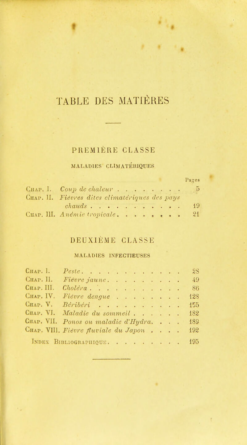 t TABLE DES MATIERES PREMIERE CLASSE MALADIES CLIMATEUIQUES Pages Chap. 1. Cok}) dc clialeur 5 Chap. II. Fievves dites climateriqucs dcs 2>uytt chauds 19 Chap. III. Aneniif'rojricale 21 DEUXIEME CLASSE MALADIES LN'FECTIEUSES Chap. 1. Peslc 2S Chap. II. Fievre jaune 49 Chap. III. Cholera <S6 Chap. IV. Fievre dengue 12S Chap. V. Beribdri 155 Chap. VI, Maladie du sonimeil 182 Chap. VII. Ponos ou maladie d'llydra. . . . 189 Chap. VIll. Fievre fluviale du Ja^ion .... 192 Index Bini.-.ocnAi'iiiouic 195