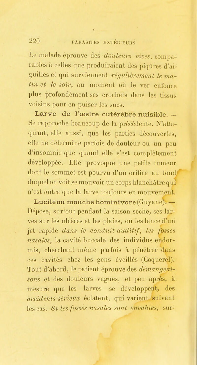 Le malade eprouve des douleurs vices, compa- rables a celles que produiraient des piqftres d'ai- guilles et qui surviennent rer/idierement le ma- tin et le soir, au moment ou le ver enfonce plus profondement ses crochets dans les lissus voisins pour en puiser les sues. Larve de l'oestre cuterebre nuisible. — Se rapproche beaucoup de la precedente. N'alta- quant, elle aussi, que les parties decouvertes, elle ne determine parfois de douleur ou un peu d'insomnie que quand elle s'est completement developpee. Elle provoque une petite lumeur dont le sommet est pourvu d'un orifice au fond''' duquel on voit se mouvoir un corps blanchatre qui n'est autre que la larve toujours enmouvement. Lucileou mouche hominivore (Guyane). — Depose, surtout pendant la saison seche, ses lar- ves sur les ulceres et les plaies, ou les lance d'un jet rapide dans le conduit auditif, les fosses nasales, la cavite buccale des individus endor- mis, chercbant meme parfois a penetrer dans ces cavites chez les gens eveilles (Coquerel). Tout d'abord, le patient eprouvedes dhnangeai- sons et des douleurs vagues, et peu apres, a mesure que les larves se developpenl, des accidents serieux eclalent, qui varient suivanl les cas. Si les fosses nasales sont envahies, sur-