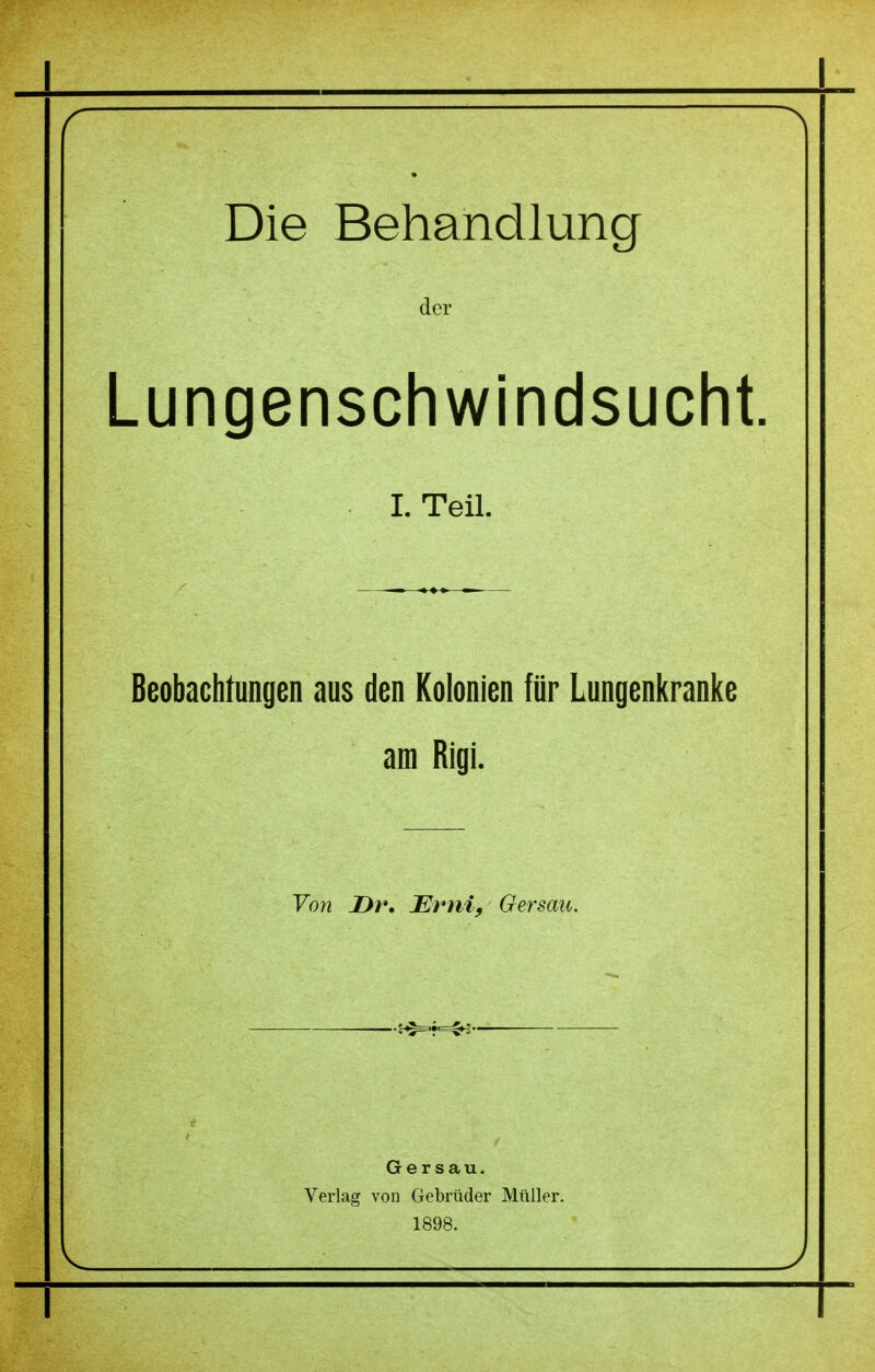 Die Behandlung der Lungenschwindsucht I. Teil. Beobachtungen aus den Kolonien für Lungenkranke am Rigi. Von Dr. Erni, Oersau. Gersau. Verlag von Gebrüder Müller. 1898.