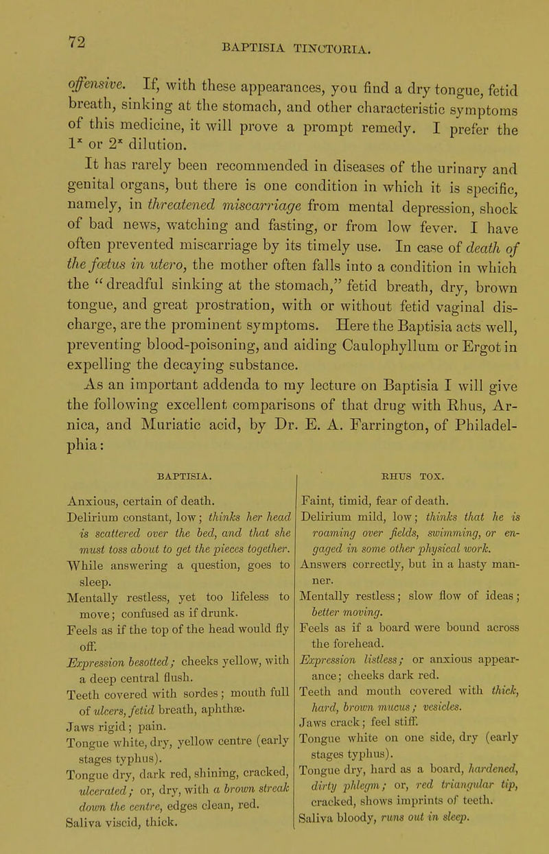 BAPTISIA TINOTORIA. offensive. If, with these appearances, you find a dry tongue, fetid breath, sinking at the stomach, and other characteristic symptoms of this medicine, it will prove a prompt remedy. I prefer the 1' or 2' dilution. It has rarely been recommended in diseases of the urinary and genital organs, but there is one condition in which it is specific, namely, in threatened miscarriage from mental depression, shock of bad news, watching and fasting, or from low fever. I have often prevented miscarriage by its timely use. In case of death of the foetus in utero, the mother often falls into a condition in which the  dreadful sinking at the stomach, fetid breath, dry, brown tongue, and great prostration, with or without fetid vaginal dis- charge, are the prominent symptoms. Here the Baptisia acts well, preventing blood-poisoning, and aiding Caulophyllum or Ergot in expelling the decaying substance. As an important addenda to my lecture on Baptisia I will give the following excellent comparisons of that drug with Ehus, Ar- nica, and Muriatic acid, by Dr. E. A. Farrington, of Philadel- phia: BAPTISIA. Anxious, certain of death. Delirium constant, low; thinks her head is scattered over the bed, and that she must toss about to get the pieces together. Wliile answering a question, goes to sleep. Mentally restless, yet too lifeless to move; confused as if drunk. Feels as if the top of the head would fly oflT. Expression besotted; cheeks yellow, with a deep central flush. Teeth covered with sordes ; mouth full of ulcers, fetid breath, aphthse. Jaws rigid; pain. Tongue wliite, dry, yellow centre (early stages typhus). Tongue dry, dark red, shining, cracked, ulcerated; or, dry, with a brovm streak doivn the centre, edges clean, red. Saliva viscid, thick. RHUS TOX. Faint, timid, fear of death. Delirium mild, low; thinks that he is roaming over fields, swimming, or en- gaged in some other physical work. Answers correctly, but in a hasty man- ner. Mentally restless; slow flow of ideas; better moving. Feels as if a board were bound across the forehead. Expression listless; or anxious appear- ance ; cheeks dark red. Teeth and mouth covered with thick, hard, brown mucus ; vesicles. Jaws crack; feel stiff. Tongue white on one side, dry (early stages typhus). Tongue dry, hard as a board, hardened, dirty phlegm; or, red triangular tip, cracked, shows imprints of teeth. Saliva bloody, runs out in sleep.