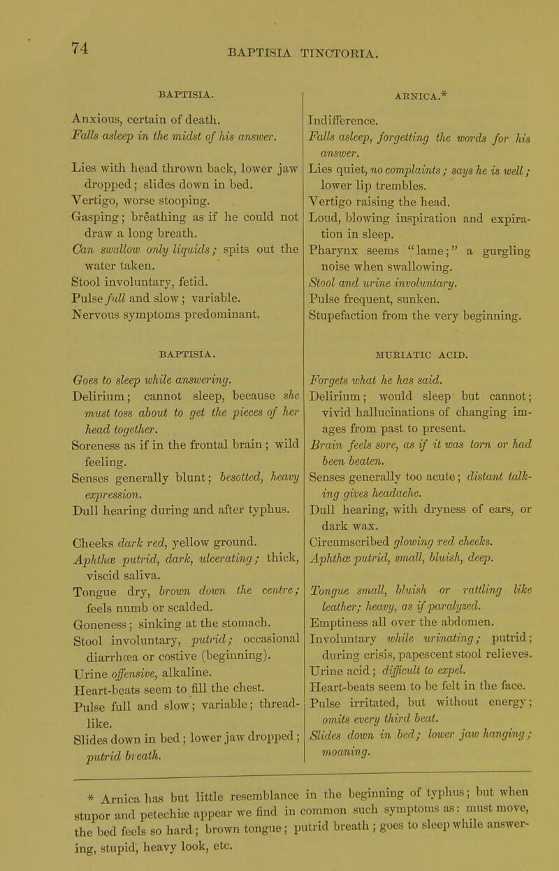 BAPTIST A TTNCTORIA. BAPTISIA. Anxious, certain of death. Falls asleep in the midst of his ansiver. Lies with head thrown back, lower jaw dropped; slides down in bed. Vertigo, worse stooping. Gasping; breathing as if he could not draw a long breath. Can swallow only liquids; spits out the water taken. Stool involuntary, fetid. Fnlse full and slow; variable. Nervous symptoms predominant. BAPTISIA. Goes to sleep ivhile answering. Delirium; cannot sleep, because she must toss about to get the pieces of her head together. Soreness as if in the frontal brain ; wild feeling. Senses generally blunt; besotted, heavy expression. Dull hearing during and after typhus. Cheeks dark red, yellow ground. Aphthae putrid, dark, ulcerating; thick, viscid saliva. Tongue dry, brovm down the centre; feels numb or scalded. Goneness; sinking at the stomach. Stool involuntary, putrid; occasional diarrhoea or costive (beginning). Urine offensive, alkaline. Heart-beats seem to fill the chest. Pulse full and slow; variable; thread- like. Slides down in bed; lower jaw dropped; putrid breath. AKNICA.* Indifference. Falls asleep, forgetting the words for his answer. Lies quiet, no complaints ; says he is well; lower lip trembles. Vertigo raising the head. Loud, blowing inspiration and expira- tion in sleep. Pharynx seems  lame; a gurgling noise when swallowing. Stool and urine involuntary. Pulse frequent, sunken. Stupefaction from the very beginning. MURIATIC ACID. Forgets what he has said. Delirium; would sleep but cannot; vivid hallucinations of changing im- ages fi-om past to present. Brain feels sore, as if it was torn or had been beaten. Senses generally too acute; distant talk- ing gives headache. Dull hearing, with dryness of ears, or dark wax. Circumscribed glowing red cheeks. Aphthae putrid, small, bluish, deep. Tongue small, bluish or rattling like leather; heavy, as if paralysed. Emptiness all over the abdomen. Involuntary while urinating; putrid; during crisis, papescent stool relieves. Urine acid; difficult to expel. Heart-beats seem to be felt in the face. Pulse irritated, but without energy; omits every third beat. Slides down in bed; lower jaw hanging; moaning. * Arnica has but little resemblance in the beginning of typhus; but when stupor and petechia; appear we find in common such symptoms as: nnist move, the bed feels so hard; brown tongue; putrid breath ; goes to sleep while answer- ing, stupid, heavy look, etc.