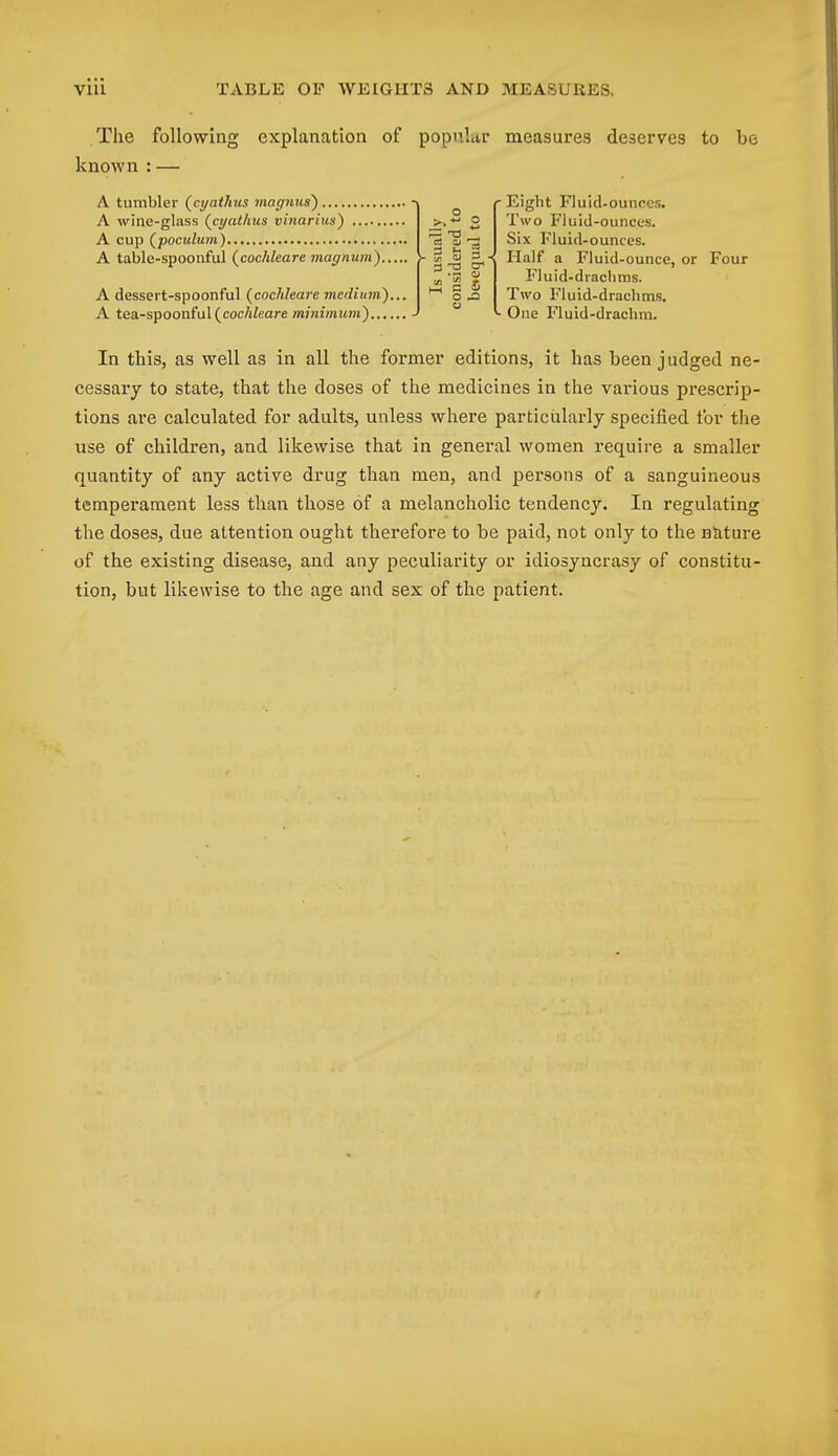 via TABLE OF WEIGHTS AND MEASURES. The following explanation of popular measures deserves to be known : — A tumbler (cyathus 7iiagnus) A wine-glass (cyathus vinarius) A cup (poculum) A table-spoonful (cochleare magnum).. A dessert-spoonful (cochleare medium). A tea-spoonful (cochleare minimum) 3 -a S O .3 - Eight Fluid-ounces. Two Fluid-ounces. Six Fluid-ounces. Half a Fluid-ounce, or Four Fluid-drachms. Two Fluid-drachms. One Fluid-drachm. In this, as well as in all the former editions, it has been judged ne- cessary to state, that the doses of the medicines in the various prescrip- tions are calculated for adults, unless where particularly specified for the nse of children, and likewise that in general women require a smaller quantity of any active drug than men, and persons of a sanguineous temperament less than those of a melancholic tendency. In regulating the doses, due attention ought therefore to be paid, not only to the nature of the existing disease, and any peculiarity or idiosyncrasy of constitu- tion, but likewise to the age and sex of the patient.