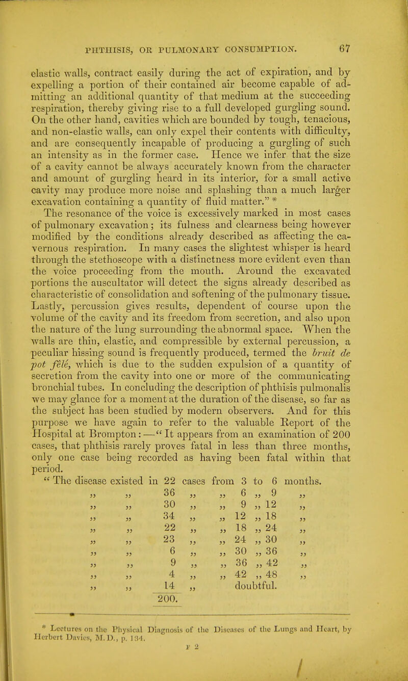 clastic walls, contract easily during the act of expiration, and by expelling a portion of their contained air become capable of ad- mitting an additional quantity of that medium at the succeeding respiration, thereby giving rise to a full developed gurgling sound. On the other hand, cavities which are bounded by tough, tenacious, and non-elastic walls, can only expel their contents with difficulty, and are consequently incapable of producing a gurgling of such an intensity as in the former case. Hence we infer that the size of a cavity cannot be always accurately known from the character and amount of gurgling heard in its interior, for a small active cavity may produce more noise and splashing than a much larger excavation containing a quantity of fluid matter. # The resonance of the voice is excessively marked in most cases of pulmonary excavation; its fulness and clearness being however modified by the conditions already described as affecting the ca- vernous respiration. In many cases the slightest whisper is heard through the stethoscope with a distinctness more evident even than the voice proceeding from the mouth. Around the excavated portions the auscultator will detect the signs already described as characteristic of consolidation and softening of the pulmonary tissue. Lastly, percussion gives results, dependent of course upon the volume of the cavity and its freedom from secretion, and also upon the nature of the lung surrounding the abnormal space. When the Avails are thin, elastic, and compressible by external percussion, a peculiar hissing sound is frequently produced, termed the bruit de pot fele, which is due to the sudden expulsion of a quantity of secretion from the cavity into one or more of the communicating bi'onchial tubes. In concluding the description of phthisis pulmonalis we may glance for a moment at the dilation of the disease, so far as the subject has been studied by modern observers. And for this purpose we have again to refer to the valuable Report of the Hospital at Brompton:—It appears from an examination of 200 cases, that phthisis rarely proves fatal in less than three months, only one case being recorded as having been fatal within that period.  The disease existed in 22 cases from 3 to 6 months. 55 35 36 55 55 6 ,5 9 53 53 55 30 33 53 9 „ 12 33 33 55 34 33 35 12 3, 18 35 35 55 22 35 55 18 „ 24 53 53 55 23 35 55 24 „ 30 33 33 55 6 55 35 30 „ 36 33 33 55 9 55 55 36 5, 42 35 33 55 4 55 55 42 „ 48 35 33 35 14 35 doubtful. 200. * Lectures on the Physical Diagnosis of the Diseases of the Lungs and Heart, by Herbert Davies, M.D., p. 184. 8 2