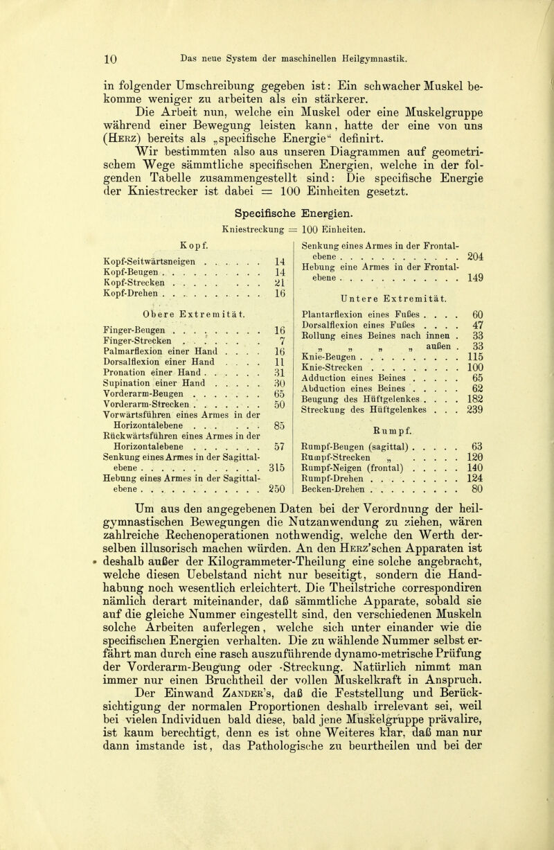 in folgender Umschreibung gegeben ist: Ein schwacher Muskel be- komme weniger zu arbeiten als ein stärkerer. Die Arbeit nun, welche ein Muskel oder eine Muskelgruppe während einer Bewegung leisten kann, hatte der eine von uns (Herz) bereits als „specifische Energie definirt. Wir bestimmten also aus unseren Diagrammen auf geometri- schem Wege sämmtliche specifischen Energien, welche in der fol- genden Tabelle zusammengestellt sind: Die specifische Energie der Kniestrecker ist dabei = 100 Einheiten gesetzt. Specifische Energien. Kniestreckung = 100 Einheiten. Kopf. Kopf-Seitwärtsneigen ........ 14 Kopf-Beugen 14 Kopf-Strecken 21 Kopf-Drehen . . 16 Obere Extremität. Finger-Beugen 16 Finger-Strecken ...... . 7 Palmarflexion einer Hand .... 16 Dorsalflexion einer Hand .... 11 Pronation einer Hand 31 Supination einer Hand 30 Vorderarm-Beugen . 65 Vorderarm-Strecken ....... 50 Vorwärtsführen eines Armes in der Horizontalebene 85 Rückwärtsfahren eines Armes in der Horizontalebene 57 Senkung eines Armes in der Sagittal- ebene 315 Hebung eines Armes in der Sagittal- ebene 250 Senkung eines Armes in der Frontal- ebene 204 Hebung eine Armes in der Frontal- ebene 149 Untere Extremität. Plantarflexion eines Fußes . . . Dorsalflexion eines Fußes . . . Rollung eines Beines nach innen „ „ „ außen Knie-Beugen Knie-Strecken ...... Adduction eines Beines . . Abduction eines Beines . . Beugung des Hüftgelenkes . Streckung des Hüftgelenkes Rumpf. Rumpf-Beugen (sagittal) . Rumpf-Strecken „ Rumpf-Neigen (frontal) . Rumpf-Drehen . ... . Becken-Drehen 60 47 33 33 115 100 65 62 182 239 63 120 140 124 80 Um aus den angegebenen Daten bei der Verordnung der heil- gymnastischen Bewegungen die Nutzanwendung zu ziehen, wären zahlreiche Rechenoperationen nothwendig, welche den Werth der- selben illusorisch machen würden. An den HERz'schen Apparaten ist deshalb außer der Kilogrammeter-Theilung eine solche angebracht, welche diesen Uebelstand nicht nur beseitigt, sondern die Hand- habung noch wesentlich erleichtert. Die Theilstriche correspondiren nämlich derart miteinander, daß sämmtliche Apparate, sobald sie auf die gleiche Nummer eingestellt sind, den verschiedenen Muskeln solche Arbeiten auferlegen, welche sich unter einander wie die specifischen Energien verhalten. Die zu wählende Nummer selbst er- fährt man durch eine rasch auszuführende dynamo-metrische Prüfung der Vorderarm-Beugung oder -Streckung. Natürlich nimmt man immer nur einen Bruchtheil der vollen Muskelkraft in Anspruch. Der Einwand Zander's, daß die Feststellung und Berück- sichtigung der normalen Proportionen deshalb irrelevant sei, weil bei vielen Individuen bald diese, bald jene Muskelgrüppe prävalire, ist kaum berechtigt, denn es ist ohne Weiteres klar, daß man nur dann imstande ist, das Pathologische zu beurtheilen und bei der