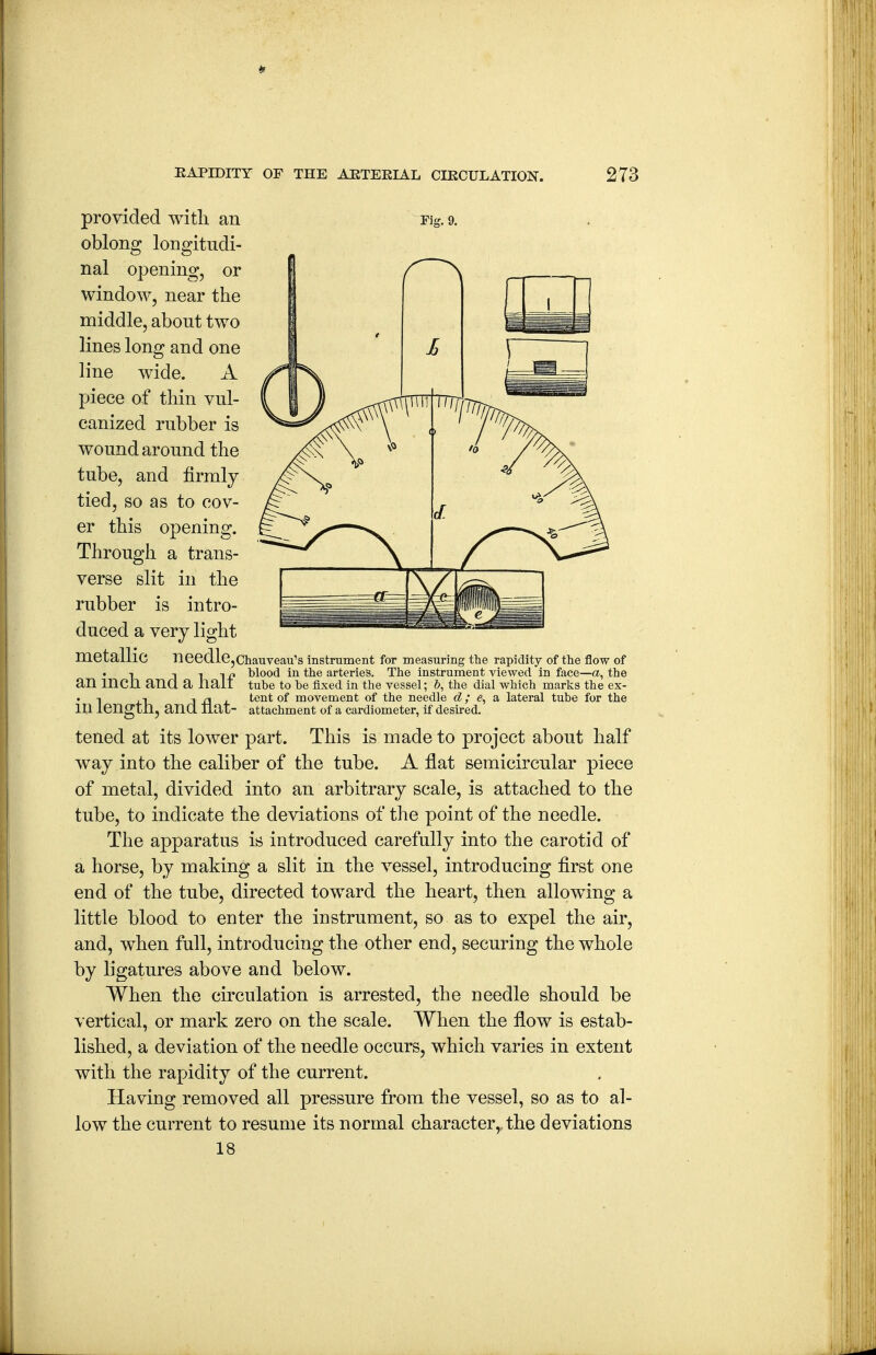 provided witli an rig. 9. oblong longitudi- nal opening, or window, near the middle, about two lines long and one line wide. A piece of tliin vul- canized rubber is wound around the tube, and firmly tied, so as to cov- er this opening. Through a trans- verse slit in the rubber is intro- duced a very light metallic needle,Chauveau's instrument for measuring the rapidity of the flow of -I T i, 1 p blood in the arteries. The Instrument viewed in face—a, the an men ana a nail tube to be fixed in the vessel; &, the dial which marks the ex- . -1 ,-I 1 rj , tent of movement of the needle d; a lateral tube for the m lengtn, and Iiat- attachment of a cardiometer, if desired. tened at its lower part. This is made to project about half Avay into the caliber of the tube. A flat semicircular piece of metal, divided into an arbitrary scale, is attached to the tube, to indicate the deviations of the point of the needle. The apparatus is introduced carefully into the carotid of a horse, by making a slit in the vessel, introducing first one end of the tube, directed toward the heart, then allowing a little blood to enter the instrument, so as to expel the air, and, when full, introducing the other end, securing the whole by ligatures above and below. When the circulation is arrested, the needle should be vertical, or mark zero on the scale. When the flow is estab- lished, a deviation of the needle occurs, which varies in extent with the rapidity of the current. Having removed all pressure from the vessel, so as to al- low the current to resume its normal character,, the deviations 18