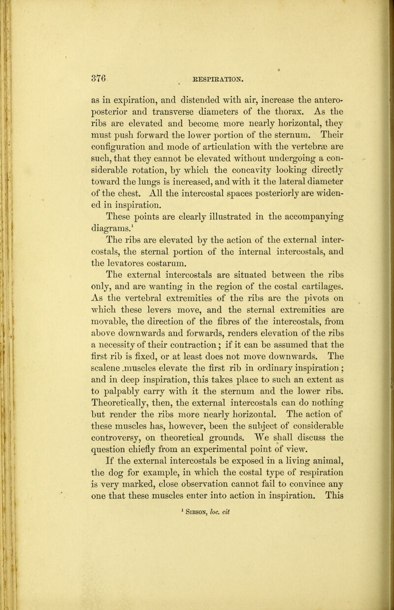 as in expiration, and distended with air, increase the antero- posterior and transverse diameters of the thorax. As the ribs are elevated and become more nearly horizontal, they must push forward the lower portion of the sternum. Their configuration and mode of articulation with the vertebrae are such, that they cannot be elevated without undergoing a con- siderable rotation, by which the concavity looking directly toward the lungs is increased, and with it the lateral diameter of the chest. All the intercostal spaces posteriorly are widen- ed in inspiration. These points are clearly illustrated in the accompanying diagrams.^ The ribs are elevated by the action of the external inter- costals, the sternal portion of the internal intercostals, and the levatores costarum. The external intercostals are situated between the ribs only, and are wanting in the region of the costal cartilages. As the vertebral extremities of the ribs are the pivots on which these levers move, and the sternal extremities are movable, the direction of the fibres of the intercostals, from above downwards and forwards, renders elevation of the ribs a necessity of their contraction; if it can be assumed that the first rib is fixed, or at least does not move downwards. The scalene .muscles elevate the first rib in ordinary inspiration ; and in deep inspiration, this takes place to such an extent as to palpably carry with it the sternum and the lower ribs. Theoretically, then, the external intercostals can do nothing but render the ribs more nearly horizontal. The action of these muscles has, however, been the subject of considerable controversy, on theoretical grounds. We shall discuss the question chiefly from an experimental point of view. If the external intercostals be exposed in a living animal, the dog for example, in which the costal type of respiration is very marked, close observation cannot fail to convince any one that these muscles enter into action in inspiration. This ^ SiBSON, loc. cit