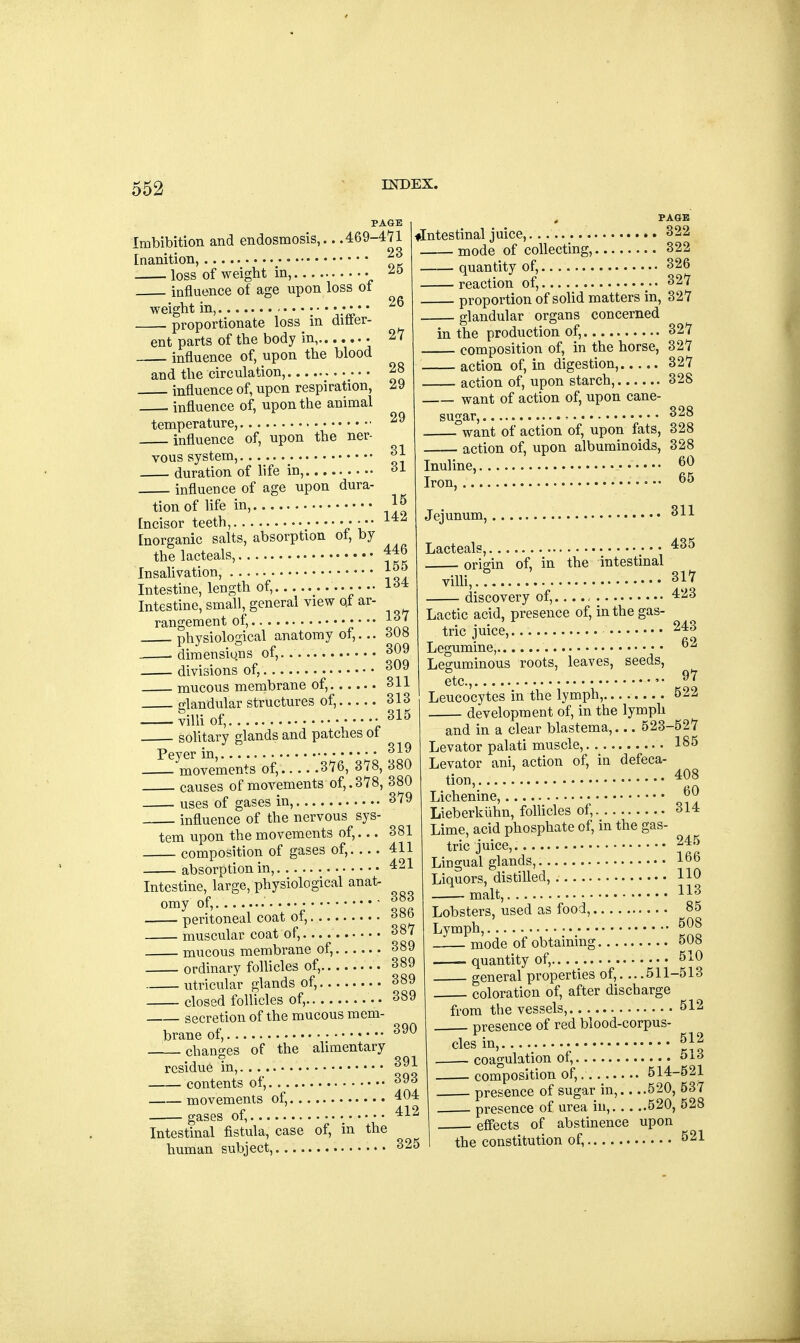 PAGE ..469-471 23 25 26 27 29 29 Imbibition and endosmosis, Inanition, • loss of weight in, • . influence of age upon loss of weight in, ;- • . proportionate loss^ m ditter- ent parts of the body in, influence of, upon the blood and the circulation, • • • influence of, upon respiration, influence of, upon the animal temperature, ■ influence of, upon the ner- vous system, 31 duration of life in, °l influence of age upon dura- tion of life in, Jjj [ncisor teeth, • ••• Inorganic salts, absorption ot, by the lacteals, 446 Insalivation, JJJ Intestine, length of, ^ Intestine, small, general view qt ar- rangement of, •••• HI physiological anatomy ot,... -dimensions of, 309 divisions of, 309 mucous membrane of, 311 glandular structures of, 313 villi of, • 315 solitary glands and patches of ^ ^movements of, 376, 378, 380 causes of movements of,.378, 380 uses of gases in, 379 influence of the nervous tern upon the movements of, composition of gases of,. absorption in, 421 Intestine, large, physiological anat- omy of, .' peritoneal coat of,.... muscular coat of, mucous membrane of, 389 ordinary follicles of, 389 utricular glands of, 389 closed follicles of, • 389 secretion of the mucous mem- brane of, 390 changes of the alimentary residue in, 391 contents of, 6y6 movements of, 404 gases of, 412 Intestinal fistula, case of, in the human subject, 325 i PAGE ♦Intestinal juice, 322 mode of collecting, 322 quantity of, 326 reaction of, 327 proportion of solid matters in, 327 glandular organs concerned in the production of, 327 composition of, in the horse, 327 action of, in digestion, 327 action of, upon starch, 328 want of action of, upon cane- sugar, • • • • • want of action of, upon fats action of, upon albuminoids, Inuline, Iron, 381 411 383 386 328 328 328 60 65 317 423 243 Jejunum, 311 Lacteals, 435 origin of, in the intestinal villi, discovery of, , Lactic acid, presence of, in the gas- tric juice, Legumine, bZ Leguminous roots, leaves, seeds, etc., ^ Leucocytes in the lymph, 522 development of, in the lymph and in a clear blastema,... 523-527 Levator palati muscle, 185 Levator ani, action of, in defeca- tion, 408 Lichenine, JJ Lieberkiihn, follicles of, 314 Lime, acid phosphate of, in the gas- tric juice,. 2^ Lingual glands, it)0 Liquors, distilled, HO — milt, US Lobsters, used as food, 85 Lymph, 508 mode of obtaining 508 quantity of, 51° general properties of, 511-513 coloration of, after discharge from the vessels, 512 presence of red blood-corpus- cles in, 512 coagulation of, 513 composition of,. 514-521 presence of sugar in, 520, 537 presence of urea in, 520, 528 effects of abstinence upon the constitution of, 521