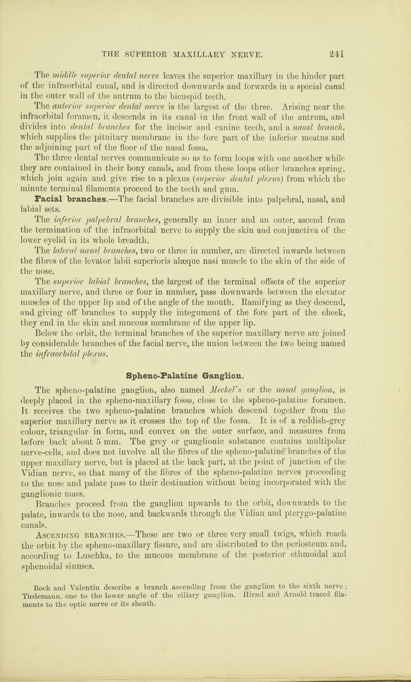 The middle superior denial nerve leaves the superior maxillary in the hinder part of the infraorbital canal, and is directed downwards and forwards in a special canal in the outer wall of the antrum to the bicuspid teeth. The anterior superior dental nerve is the largest of the three. Arising near the infraorbital foramen, it descends in its canal in the front wall of the antrum, and divides into dental branches for the incisor and canine teeth, and a nasal branch, which supplies the pituitary membrane in the fore part of the inferior meatus and the adjoining part of the floor of the nasal fossa. The three dental nerves communicate so as to form loops with one another while they are contained in their bony canals, and from these loops other branches spring, which join again and give rise to a plexus (superior dental plexus) from which tbe minute terminal filaments proceed to the teeth and gum. Facial branches.—The facial branches are divisible into palpebral, nasal, and labial sets. The inferior palpebral branches, generally an inner and an outer, ascend from the termination of the infraorbital nerve to supply the skin and conjunctiva of the lower eyelid in its whole breadth. The lateral nasal branches, two or three in number, are directed inwards between tbe fibres of the levator labii superioris alaeque nasi muscle to the skin of the side of the nose. The superior labial branches, the largest of the terminal offsets of the superior maxillary nerve, and three or four in number, pass downwards between the elevator muscles of the upper lip and of the angle of the mouth. Ramifying as they descend, and giving off branches to supply the integument of the fore part of the cheek, they end in the skin and mucous membrane of the upper lip. Below the orbit, the terminal branches of the superior maxillary nerve are joined by considerable branches of the facial nerve, the union between the two being named the infraorbital plexus. Spheno-Palatine Ganglion. The spheno-palatine ganglion, also named MeckeVs or tbe nasal ganglion, is deeply placed in the spheno-maxillary fossa, close to the spheno-palatine foramen. It receives the two spheno-palatine branches which descend together from the superior maxillary nerve as it crosses the top of the fossa. It is of a reddish-grey colour, triangular in form, and convex on the outer surface, and measures from before back about 5 mm. The grey or ganglionic substance contains multipolar nerve-cells, and does not involve all the fibres of the spheno-palatine branches of the upper maxillary nerve, but is placed at the back part, at the point of junction of the Yidian nerve, so that many of the fibres of the spheno-palatine nerves proceeding to the nose and palate pass to their destination without being incorporated with the ganglionic mass. Branches proceed from the ganglion upwards to the orbit, downwards to the palate, inwards to the nose, and backwards through the Yidian and pterygo-palatine canals. Ascending branches.—These are two or three very small twigs, which reach the orbit by the spheno-maxillary fissure, and are distributed to the periosteum and, according to Luschka, to the mucous membrane of the posterior ethmoidal and sphenoidal sinuses. Bock and Valentin describe a branch ascending from the ganglion to the sixth nerve ; Tiedemann, one to the lower angle of the ciliary ganglion. Hirzel and Arnold traced fila¬ ments to the optic nerve or its sheath.