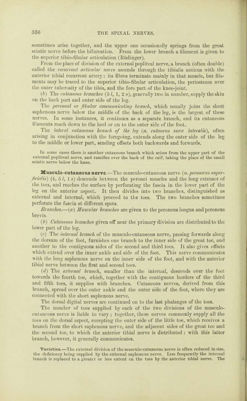 330 sometimes arise together, and the upper one occasionally springs from the great sciatic nerve before the bifurcation. From the lower branch a filament is given to the superior tibio-fibular articulation (Riidinger). From the place of division of the external popliteal nerve, a branch (often double) called the recurrent articular nerve ascends through the tibialis anticus with the anterior tibial recurrent artery; its fibres terminate mainly in that muscle, but fila¬ ments may be traced to the superior tibio-fibular articulation, the periosteum over the outer tuberosity of the tibia, and the fore part of the knee-joint. (b) The cutaneous branches (5 l, 1, 2 s), generally twm in number, supply the skin on the back part and outer side of the leg. The peroneal or fibular communicating branch, which usually joins the short saphenous nerve below the middle of the back of the leg, is the largest of these nerves. In some instances, it continues as a separate branch, and its cutaneous filaments reach down to the heel or on to the outer side of the foot. The lateral cutaneous branch of the leg (n. cutaneus surcc lateralis), often arising in conjunction with the foregoing, extends along the outer side of the leg to the middle or lower part, sending offsets both backwards and forwards. In some cases there is another cutaneous branch which arises from the upper part of the external popliteal nerve, and ramifies over the back of the calf, taking the place of the small sciatic nerve below the knee. Musculo-cutaneous nerve.—The musculo-cutaneous nerve {n. peronceus super- ficialis) (4, 5 l, Is) descends between the peronei muscles and the long extensor of the toes, and reaches the surface by perforating the fascia in the lower part of the leg on the anterior aspect. It then divides into two branches, distinguished as external and internal, which proceed to the toes. The two branches sometimes perforate the fascia at different spots. Branches.—(a) Muscular branches are given to the peroneus longus andperoneus brevis. (b) Cutaneous branches giyen off near the primary division are distributed to the lower part of the leg. (c) The internal branch of the musculo-cutaneous nerve, passing forwards along the dorsum of the foot, furnishes one branch to the inner side of the great toe, and another to the contiguous sides of the second and third toes. It also gives offsets which extend over the inner ankle and side of the foot. This nerve communicates with the long saphenous nerve on the inner side of the foot, and with the anterior tibial nerve between the first and second toes. 0d) The external branch, smaller than the internal, descends over the foot towards the fourth toe, which, together with the contiguous borders of the third and fifth toes, it supplies with branches. Cutaneous nerves, derived from this branch, spread over the outer ankle and the outer side of the foot, where they are connected with the short saphenous nerve. The dorsal digital nerves are continued on to the last phalanges of the toes. The number of toes supplied by each of the two divisions of the musculo¬ cutaneous nerve is liable to vary ; together, these nerves commonly supply all the toes on the dorsal aspect, excepting the outer side of the little toe, which receives a branch from the short saphenous nerve, and the adjacent sides of the great toe and the second toe, to which the anterior tibial nerve is distributed : with this latter branch, however, it generally communicates. Varieties.—The external division of the musculo-cutaneous nerve is often reduced in size, the deficiency being supplied by the external saphenous nerve. Less frequently the internal branch is replaced to a greater or less extent on the toes by the anterior tibial nerve. The