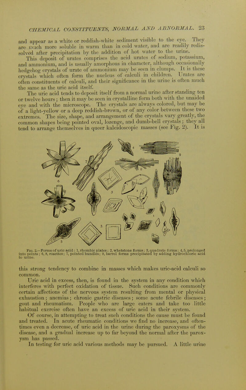 and appear as a white or reddish-white sediment visible to the eye. They are much more soluble in warm than in cold water, and are readily redis- solved after precipitation by the addition of hot water to the urine. This deposit of urates comprises the acid urates of sodium, potassium, and ammonium, and is usually amorphous in character, although occasionally hedgehog crystals of urate of ammonium may be seen in clumps. It is these crystals which often form the nucleus of calculi in children. Urates are often constituents of calculi, and their significance in the urine is often much the same as the uric acid itself. The uric acid tends to deposit itself from a normal urine after standing ten or twelve hours; then it may be seen in crystalline form both with the unaided eye and with the microscope. The crystals are always colored, but may be of a light-yellow or a deep reddish-brown, or of any color between these two extremes. The size, shape, and arrangement of the crystals vary greatly, the common shapes being pointed oval, lozenge, and dumb-bell crystals ; they all tend to arrange themselves in queer kaleidoscopic masses (see Fig. 2). It is Fig. 2.—Forms of uric acid: 1, rhombic plates; 2, whetstone forms; 3, quadrate forms; 4,5, prolonged into points ; 6, 8, rosettes; 7, pointed bundles; 9, barrel forms precipitated by adding hydrochloric acid to urine. this strong tendency to combine in masses which makes uric-acid calculi so common. Uric acid in excess, then, is found in the system in any condition which interferes with perfect oxidation of tissue. Such conditions are commonly certain affections of the nervous system resulting from mental or physical exhaustion; anemias; chronic gastric diseases; some acute febrile diseases; gout and rheumatism. People who are large eaters and take too little habitual exercise often have an excess of uric acid in their system. Of course, in attempting to treat such conditions the cause must be found and treated. In acute rheumatic conditions we find no increase, and often- times even a decrease, of uric acid in the urine during the paroxysms of the disease, and a gradual increase up to far beyond the normal after the parox- ysm has passed. In testing for uric acid various methods may be pursued. A little urine