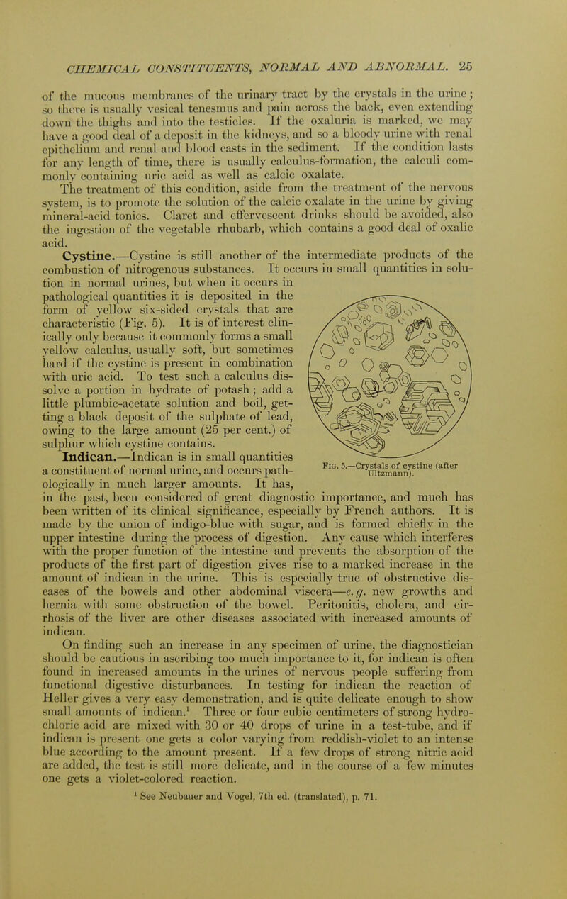 of the mucous membranes of the urinary tract by the crystals in the urine; so there is usually vesical tenesmus and pain across the hack, even extending dowri the thighs and into the testicles. If the oxaluria is marked, we may have a good deal of a deposit in the kidneys, and so a bloody urine with renal epithelium and renal and blood casts in the sediment. If the condition lasts for any Length of time, there is usually calculus-formation, the calculi com- monly containing uric acid as well as calcic oxalate. The treatment of this condition, aside from the treatment of the nervous system, is to promote the solution of the calcic oxalate in the urine by giving mineral-acid tonics. Claret and effervescent drinks should be avoided, also the ingestion of the vegetable rhubarb, which contains a good deal of oxalic acid. Cystine.—Cystine is still another of the intermediate products of the combustion of nitrogenous substances. It occurs in small quantities in solu- tion in normal urines, but when it occurs in pathological quantities it is deposited in the form of yellow six-sided crystals that are characteristic (Fig. 5). It is of interest clin- ically only because it commonly forms a small yellow calculus, usually soft, but sometimes hard if the cystine is present in combination with uric acid. To test such a calculus dis- solve a portion in hydrate of potash; add a little plumbic-acetate solution and boil, get- ting a black deposit of the sulphate of lead, owing to the large amount (25 per cent.) of sulphur which cystine contains. Indican.—Indican is in small quantities a constituent of normal urine, and occurs path- ologically in much larger amounts. It has, in the past, been considered of great diagnostic importance, and much has been written of its clinical significance, especially by French authors. It is made by the union of indigo-blue with sugar, and is formed chiefly in the upper intestine during the process of digestion. Any cause which interferes with the proper function of the intestine and prevents the absorption of the products of the first part of digestion gives rise to a marked increase in the amount of indican in the urine. This is especially true of obstructive dis- eases of the bowels and other abdominal viscera—e.g. new growths and hernia with some obstruction of the bowel. Peritonitis, cholera, and cir- rhosis of the liver are other diseases associated with increased amounts of indican. On finding such an increase in any specimen of urine, the diagnostician should be cautious in ascribing too much importance to it, for indican is often found in increased amounts in the urines of nervous people suffering from functional digestive disturbances. In testing for indican the reaction of Heller gives a very easy demonstration, and is quite delicate enough to show small amounts of indican.1 Three or four cubic centimeters of strong hydro- chloric acid arc mixed with 30 or 40 drops of urine in a test-tube, and if indican is present one gets a color varying from reddish-violet to an intense blue according to the amount present. If a few drops of strong nitric acid are added, the test is still more delicate, and in the course of a few minutes one gets a violet-colored reaction. 1 See Neubauer and Vogel, 7th ed. (translated), p. 71. Fig. 5.—Crystals of cystine (after Ultzmann).