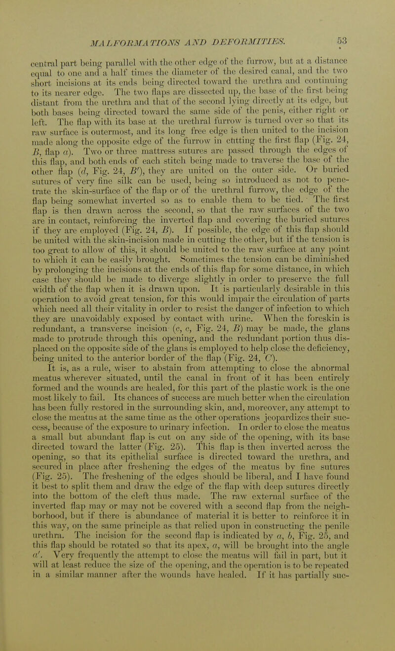 central pari being parallel with the other edge of the furrow, but at a distance equal to one and a half times the diameter of the desired canal, and the two short incisions at its ends being directed toward the urethra and continuing to its nearer edge. The two flaps are dissected up, the base of the first being distant from the urethra and that of the second lying directly at its edge, but both Imses being directed toward the same side of the penis, either right or Left. The flap with its base at the urethral furrow is turned over so that its raw surface is outermost, and its long free edge is then united to the incision made along the opposite edge of the furrow in cutting the first flap (Fig. 24, /,», Hap a). Two or three mattress sutures are passed through the edges of this flap, and both ends of each stitch being made to traverse the base of the other Hap (<!, Fig. 24, B'), they are united on the outer side. Or buried sutures of very fine silk can be used, being so introduced as not to pene- trate the skin-surface of the flap or of the urethral furrow, the edge of the flap being somewhat inverted so as to enable them to be tied. The first flap is then drawn across the second, so that the raw surfaces of the two are in contact, reinforcing the inverted flap and covering the buried sutures if they are employed (Fig. 24, B). If possible, the edge of this flap should be united with the skin-incision made in cutting the other, but if the tension is too great to allow of this, it should be united to the i*aw surface at any point to which it can be easily brought. Sometimes the tension can be diminished by prolonging the incisions at the ends of this flap for some distance, in which case they should be made to diverge slightly in order to preserve the full width of the flap when it is drawn upon. It is particularly desirable in this operation to avoid great tension, for this would impair the circulation of parts which need all their vitality in oi'der to resist the danger of infection to which they are unavoidably exposed by contact with urine. When the foreskin is redundant, a transverse incision (c, c, Fig. 24, B) may be made, the glans made to protrude through this opening, and the redundant portion thus dis- placed on the opposite side of the glans is employed to help close the deficiency, being imited to the anterior border of the flap (Fig. 24, C). It is, as a rule, wiser to abstain from attempting to close the abnormal meatus wherever situated, until the canal in front of it has been entirely formed and the wounds are healed, for this part of the plastic work is the one most likely to fail. Its chances of success are much better when the circulation has been fully restored in the surrounding skin, and, moreover, any attempt to close the meatus at the same time as the other operations jeopardizes their suc- cess, because of the exposure to urinary infection. In order to close the meatus a small but abundant flap is cut on any side of the opening, with its base directed toward the latter (Fig. 25). This flap is then inverted across the opening, so that its epithelial surface is directed toward the urethra, and secured in place after freshening the edges of the meatus by fine sutures | Fig. 25). The freshening of the edges should be liberal, and I have found it best to split them and draw the edge of the flap with deep sutures directly into the bottom of the cleft thus made. The raw external surface of the inverted flap may or may not be covered Avith a second flap from the neigh- borhood, but if there is abundance of material it is better to reinforce it in this way, on the same principle as that relied upon in constructing the penile urethra. The incision for the second flap is indicated by a, 6, Fig. 25, and this flap should be rotated so that its apex, a, will be brougrd into the angle <i!'. Very frequently the attempt to close the meatus will fail in part, but it will at least reduce the size of the opening, and the operation is to be repeated in a similar manner after the wounds have healed, [f it has partially sue-
