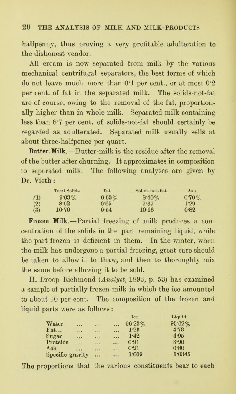 halfpenny, thus proving a very profitable adulteration to the dishonest vendor. All cream is now separated from milk by the various mechanical centrifugal separators, the best forms of which do not leave much more than O'l per cent., or at most 0*2 per cent, of fat in the separated milk. The solids-not-fat are of course, owing to the removal of the fat, proportion- ally higher than in whole milk. Separated milk containing less than 87 per cent, of solids-not-fat should certainly be regarded as adulterated. Separated milk usually sells at about three-halfpence per quart. Butter-Milk.—Butter-milk is the residue after the removal of the butter after churning. It approximates in composition to separated milk. The following analyses are given by Dr. Vieth: Total Solids. Fat. Solide not-Fat. Ash. (1) 9-03% 0-63°/o 8-40% 0'70% (2) 8-02 0-65 7-37 1-29 (3) 10-70 0-54 1016 0-82 Frozen Milk.—Partial freezing of milk produces a con- centration of the solids in the part remaining liquid, while the part frozen is deficient in them. In the winter, when the milk has undergone a partial freezing, great care should be taken to allow it to thaw, and then to thoroughly mix the same before allowing it to be sold. H. Droop Kichmond {Analyst, 1893, p. 53) has examined a sample of partially frozen milk in which the ice amounted to about 10 per cent. The composition of the frozen and liquid parts were as follows : Ice. Liquid. Water 96-23% 95-62% Fat 1-23 4-73 Sugar 1-42 4-95 Proteids 0-91 3*90 Ash 0-21 0-80 Specific gravity 1-009 1-0345 The proportions that the various constituents bear to each