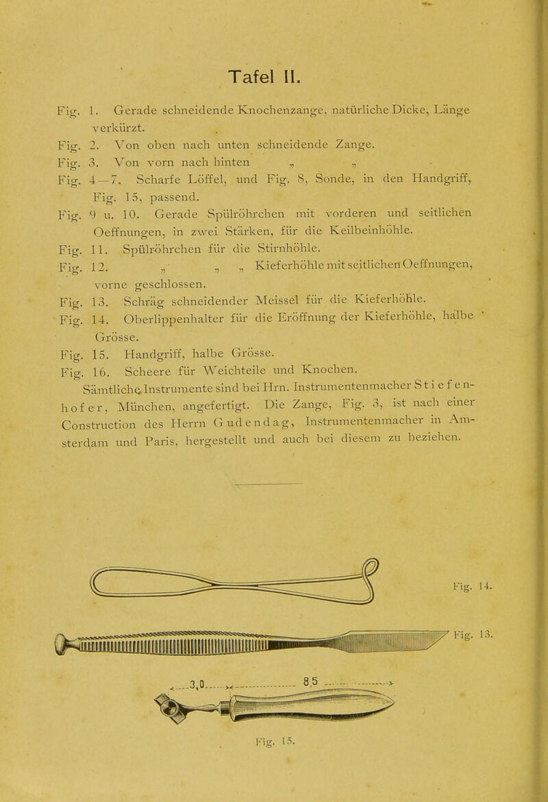 Fig. 1. Gerade schneidende Knochenzange, natürliche Dicke, Länge verkürzt. Fisr. 2. Von oben nach unten schneidende Zange. Fig. 3. Von vorn nach hinten „ ., Fig. 4 — 7. Scharfe Löffel, und Fig. 8, Sonde, in den Handgriff, Fig. 15, passend. Fig. 9 u. 10. Gerade Spülröhrchen mit vorderen und seitlichen Oeffnungen, in zwei vStärken, für die Keilbeinhöhle. Fig. 11. Spülröhrchen für die Stii-nhöhle. Fig. 12. „ Kieferhöhle mit seitlichen Oeffnungen, vorne geschlossen. Fig. 13. Schräg schneidender Melssel für die Kieferhöhle. Fig. 14. Oberlippenhalter für die Eröffnung der Kieferhöhle, halbe Grösse. Fig. 15. Handgriff, halbe Grösse. Fig. 16. Scheere für Weichteile und Knochen. Sämtlich^Instrumente sind bei Hrn. Instrumentenmacher S t i e f e n- hof er, München, angefertigt. Die Zange, Fig. 3, ist nach einer Construction des Herrn Gudendag, Instrumentenmacher in Am- sterdam und Paris, hergestellt und auch bei diesem zu beziehen.