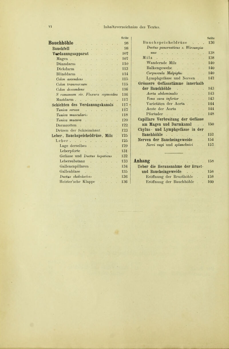 Seite Bauchhöhle 98 Bauchfell 98 Vwdauungsapparat 107 Magen 107 Dünndarm 110 Dickdarm 113 Blinddarm 114 Colon ascendens 115 Colon transversuni 115 Colon descendens . 116 S romanum sir. Flexuru siymoidea 116 Mastdarm 117 Schichten des Verdanungskanals . 117 • Tunica serosa 117 Tunica muscularis 118 Tunica muco^a 120 Darmzotten 122 Drüsen der SclileimliaiU 123 Leber, Banchspeicheldriise. Milz 125 Leber 125 Lage derselben 129 Leberpforte 131 Gelasse und Ductus liepaticus 132 Lebersubstanz 133 Gallencapillaren . . . 134 Gallenblase ... 135 Ductus clioledocliu.s ... 136 Heister'sche Klappe . . . 136 Seite Baue Ii Speicheldrüse . . . 136 Ductus pancreaticus s. Wirsungia- nus 138 Milz 138 Wandei-nde Milz ... 140 Balkengewebe 14ü Corpuscula Malpighii .... 140 Lymphgefässe und Nerven . 142 Grössere Gefässstämme innerhalb der Bauchhöhle 143 Aorta abdominalis 143 Vena cava inferior 143 Varietäten der Aorta .... 144 Aeste der Aorta 144 Pfortader 148 Capillare Verbreitung der Gefässe am Magen und Darmkanal . . 15ü Chylns- und Lymphgefässe in der Bauchhöhle 152 Nerven der Baucheingeweide . 154 Nervi Vagi und splanchnici 157 Anhang 158 Ueber die Herausnahme der ßrust- und Baucheingeweide ... 158 Eröffnung der Brusthöhle 158 Eröffnung der Bauchhöhle . 160