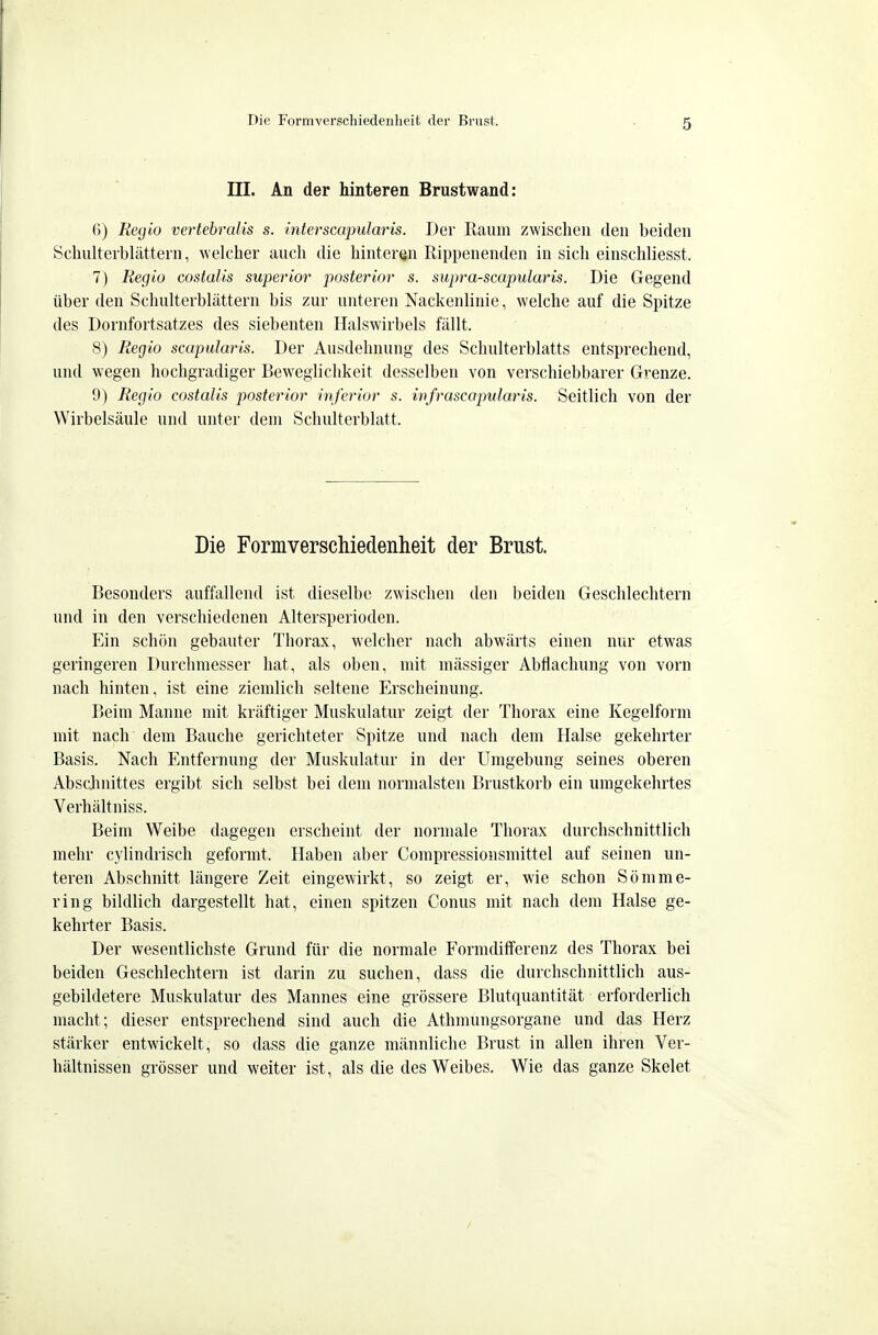 III. An der hinteren Brustwand: G) Regio vertebralis s. interscapularis. Der Raum zwischen den beiden Schulterblättern, welcher auch die hinteren Rippenenden in sich einschliesst. 7) Regio costalis superior posterior s. supra-scapularis. Die Gegend über den Schulterblättern bis zur unteren Nackenlinie, welche auf die Spitze des Dornfortsatzes des siebenten Halswirbels fällt. 8) Regio scapularis. Der Ausdehnung des Schulterblatts entsprechend, und wegen hochgradiger Beweglichkeit desselben von verschiebbarer Gvenze. 9) Regio costalis posterior inferior s. ivfrascapularis. Seitlich von der Wirbelsäule und unter dem Schulterblatt. Die Formverschiedenheit der Brust. Besonders auffallend ist dieselbe zwischen den beiden Geschlechtern und in den verschiedenen Altersperioden. Ein schön gebauter Thorax, welcher nach abwärts einen nur etwas geringeren Durchmesser hat, als oben, mit massiger Abmachung von vorn nach hinten, ist eine ziemlich seltene Erscheinung. Beim Manne mit kräftiger Muskulatur zeigt der Thorax eine Kegelform mit nach dem Bauche gerichteter Spitze und nach dem Halse gekehrter Basis. Nach Entfernung der Muskulatur in der Umgebung seines oberen Abschnittes ergibt sich selbst bei dem normalsten Brustkorb ein umgekehrtes Yerhältniss. Beim Weibe dagegen erscheint der normale Thorax durchschnittlich mehr cylindrisch geformt. Haben aber Compressionsmittel auf seinen un- teren Abschnitt längere Zeit eingewirkt, so zeigt er, wie schon Sömme- ring bildlich dargestellt hat, einen spitzen Conus mit nach dem Halse ge- kehrter Basis. Der wesentlichste Grund für die normale Formdifferenz des Thorax bei beiden Geschlechtern ist darin zu suchen, dass die durchschnittlich aus- gebildetere Muskulatur des Mannes eine grössere Blutquantität erforderlich macht; dieser entsprechend sind auch die Athmungsorgane und das Herz stärker entwickelt, so dass die ganze männliche Brust in allen ihren Ver- hältnissen grösser und weiter ist, als die des Weibes. Wie das ganze Skelet