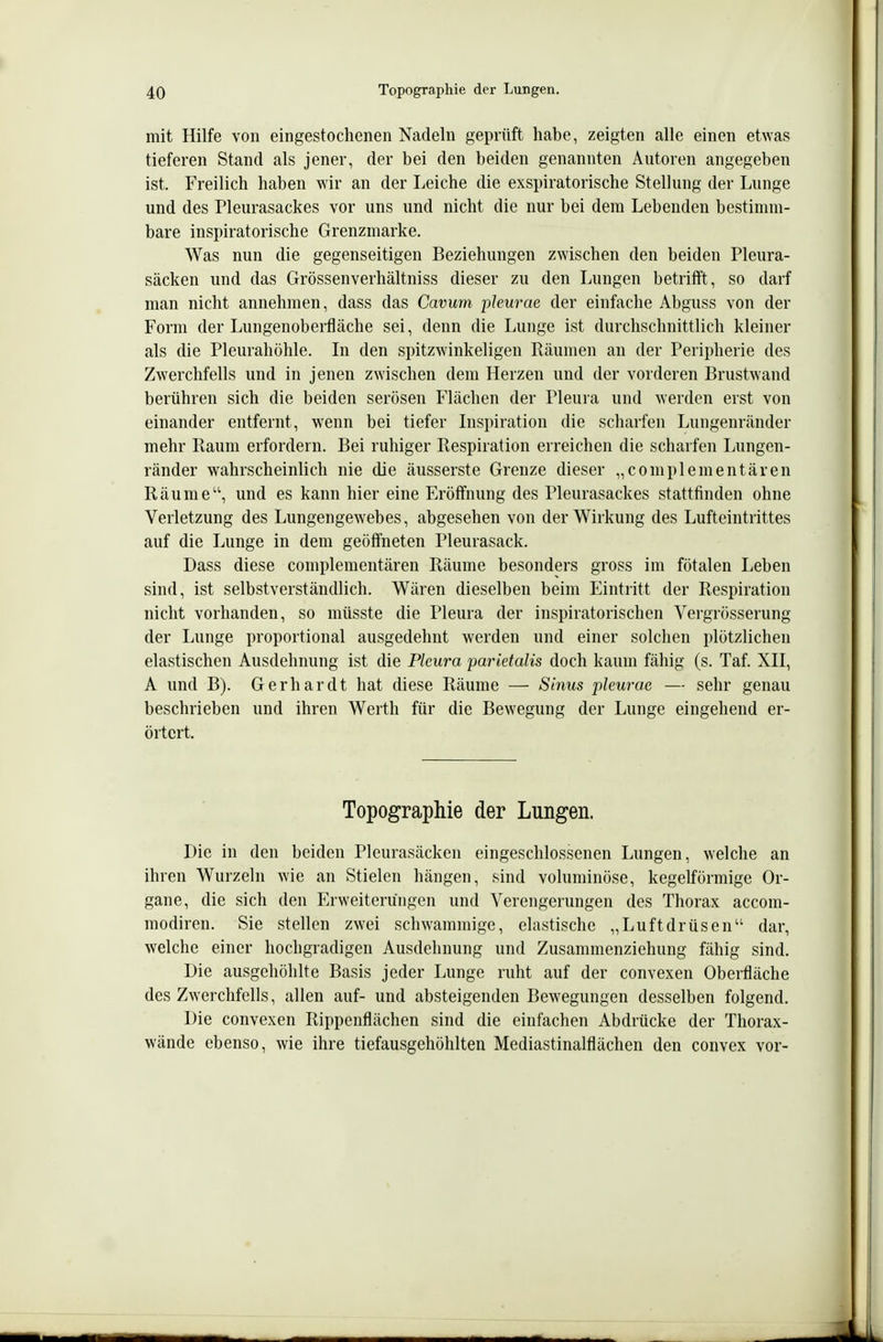 mit Hilfe von eingestochenen Nadeln geprüft habe, zeigten alle einen etwas tieferen Stand als jener, der bei den beiden genannten Autoren angegeben ist. Freilich haben wir an der Leiche die exspiratorische Stellung der Lunge und des Pleurasackes vor uns und nicht die nur bei dem Lebenden bestimm- bare inspiratorische Grenzmarke. Was nun die gegenseitigen Beziehungen zwischen den beiden Pleura- säcken und das Grössenverhältniss dieser zu den Lungen betrifft, so darf man nicht annehmen, dass das Cavum pleurae der einfache Abguss von der Form der Lungenoberfläche sei, denn die Lunge ist durchschnittlich kleiner als die Pleurahöhle. Li den spitzwinkeligen Räumen an der Peripherie des Zwerchfells und in jenen zwischen dem Herzen und der vorderen Brustwand berühren sich die beiden serösen Flächen der Pleura und werden erst von einander entfernt, wenn bei tiefer Lispiration die scharfen Lungenränder mehr Baum erfordern. Bei ruhiger Respiration erreichen die scharfen Lungen- ränder wahrscheinlich nie die äusserste Grenze dieser „complementären Räume, und es kann hier eine Eröffnung des Pleurasackes stattfinden ohne Verletzung des Lungengewebes, abgesehen von der Wirkung des Lufteintrittes auf die Lunge in dem geöffneten Pleurasack. Dass diese complementären Räume besonders gross im fötalen Leben sind, ist selbstverständlich. Wären dieselben beim Eintritt der Respiration nicht vorhanden, so müsste die Pleura der inspiratorischen Vergrösserung der Lunge proportional ausgedehnt werden und einer solchen plötzlichen elastischen Ausdehnung ist die Pleura parietalis doch kaum fähig (s. Taf. XU, A und B). Gerhardt hat diese Räume — Sinus pleurae — sehr genau beschrieben und ihren Werth für die Bewegung der Lunge eingehend er- örtert. Topographie der Lungen. Die in den beiden Pleurasäcken eingeschlossenen Lungen, welche an ihren Wurzeln wie an Stielen hängen, sind voluminöse, kegelförmige Or- gane, die sich den Erweiterungen und Verengerungen des Thorax accom- modiren. Sie stellen zwei schwammige, elastische „Luftdrüsen dar, welche einer hochgradigen Ausdehnung und Zusammenziehung fähig sind. Die ausgehöhlte Basis jeder Lunge ruht auf der convexen Oberfläche des Zwerchfells, allen auf- und absteigenden Bewegungen desselben folgend. Die convexen Rippenflächen sind die einfachen Abdrücke der Thorax- wände ebenso, wie ihre tiefausgehöhlten Mediastinalflächen den convex vor-