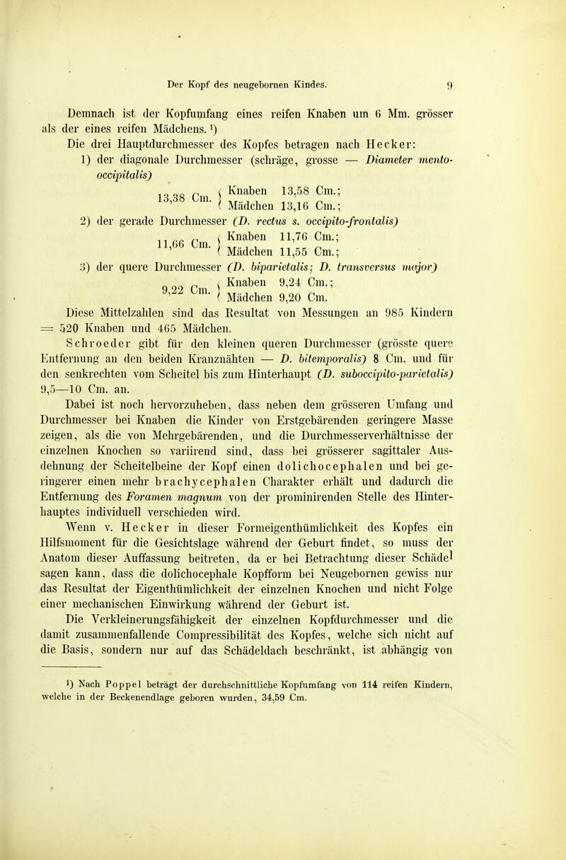 Demnach ist der Kopfumfang eines reifen Knaben um 6 Mm. grösser als der eines reifen Mädchens, i) Die drei Hauptdurchmesser des Kopfes betragen nach Hecker: 1) der diagonale Durchmesser (schräge, grosse — Diameter mento- o) der quere Durchmesser (D. biparietalis; D. transversus major) q 99 Cm ^ K^^ben 9,24 Cm.; ^m. ^ ^.^^^^^^ 9 20 Cm. Diese Mittelzahlen sind das Resultat von Messungen an 985 Kindern = 520 Knaben und 465 Mädchen. Sehr oeder gibt für den kleinen queren Durchmesser (grösste quere P'.ntfernung an den beiden Kranznähten — D. bitemporalis) 8 Cm. und für den senkrechten vom Scheitel bis zum Hinterhaupt (D. suboccipito-parletalis) 9,5—10 Cm. an. Dabei ist noch hervorzuheben, dass neben dem grösseren Umfang und Durchmesser bei Knaben die Kinder von Erstgebärenden geringere Masse zeigen, als die von Mehrgebärenden, und die Durchmesserverhältnisse der einzelnen Knochen so variirend sind, dass bei grösserer sagittaler Aus- dehnung der Scheitelbeine der Kopf einen dolichocephalen und bei ge- ringerer einen mehr brachycephalen Charakter erhält und dadurch die Entfernung des Foramen magnum von der prominirenden Stelle des Hinter- hauptes individuell verschieden wird. Wenn v. Heck er in dieser Formeigenthümlichkeit des Kopfes ein Hilfsmoment für die Gesichtslage während der Geburt findet, so muss der Anatom dieser Auffassung beitreten, da er bei Betrachtung dieser Schädel sagen kann, dass die dolichocephale Kopfform bei Neugebornen gewiss nur das Resultat der Eigenthümlichkeit der einzelnen Knochen und nicht Folge einer mechanischen Einwirkung während der Geburt ist. Die Verkleinerungsfähigkeit der einzelnen Kopfdurchmesser und die damit zusammenfallende Compressibilität des Kopfes, welche sich nicht auf die Basis, sondern nur auf das Schädeldach beschränkt, ist abhängig von 2) der gerade Durchmesser (D. rectus s. occipito-frontalis) 1) Nach Poppel beträgt der durchschnittliche Kopfumfang von 114 reifen Kindern, welche in der Beckenendlage geboren wurden, 34,59 Cm.