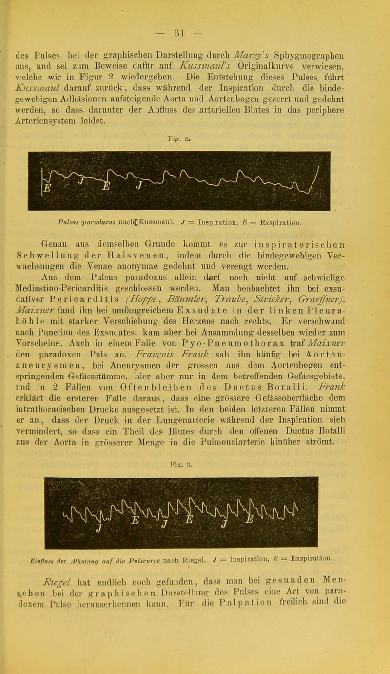 des Pulses bei der sv^phisclien Darstellung durch Marey's Spliygmograpben aus, lind sei zum Beweise dafür auf Kiissviaul's Originalkurve verwiesen, Avelclie wir in Figur 2 wiedergeben. Die Entstehung dieses Pulses, führt Kiissiiiaul darauf zurück, dass während der Inspiration durcli die binde- gewebigen Adhäsionen aufsteigende Aorta und Aortenbogen gezerrt und gedehnt werden, so dass darunter der Abfluss des arteriellen Blutes in das periphere Arteriensystem leidet. Fipr. 2. Pnlsus yaradoxits nachtKussmaul. J = Inspiration, E = Exspiration. Genau aus demselben Grunde kommt es zur inspiratorisclien Schwellung der Halsvenen, indem durch die bindegewebigen Ver- wachsungen die Venae anonymae gedehnt und verengt werden. Aus dem Pulsus paradoxus allein darf noch nicht auf schwielige Mediastino-Pericarditis geschlossen werden. Mau beobachtet ihn bei exsu- dativer Pericarditis fHoppe, Bmwiler^ Tratibe^ Stricker^ Graeffner). Maixner i%Vii\ ihn bei umfangreichem Exsudate in der linken Pleura- höhle mit starker Verschiebung des Herzens nach rechts. Er verschwand nach Punctiou des Exsudates, kam aber bei Ansammlung desselben wieder zum Vorscheine. Auch in einem Falle von Pyo-Pneumothorax irs^XMaixner den paradoxen Puls an. Francois Frank sah ihn häufig bei Aorten- a n e u r s m e n, bei Aneurysmen der grossen aus dem Aortenbogen ent- springenden Gefässstämme. hier aber nur in dem betretfenden Gefässgebiete. und in 2 Fällen von Offenbleiben des Ductus Botalli. Frank erklärt die ersteren Fälle daraus, dass eine grössere Gefässoberfläche dem inti'athoracischen Drucke ausgesetzt ist. In den beiden letzteren Fällen nimmt er an, dass der Druck in der Lungenarterie während der Inspiration sich vermindert, so dass ein Theil des Blutes durch den offenen Ductus Botalli aus der Aorta in grösserer Menge in die Pulmonalarterie hinüber sti'ömt. Einums der AfMmiing auf diu PnluciirDe Dttfih Riegel. J = In8i)iration, K = Exspiration. Rie^e/ hat endlich noch gefunden, dass man bei gesunden Men- SLchen bei der graphischen Darstellung des Pulses eine Art von para- doxem Pulse horauserkenneu kann. Für die Pulpation freilich sind die