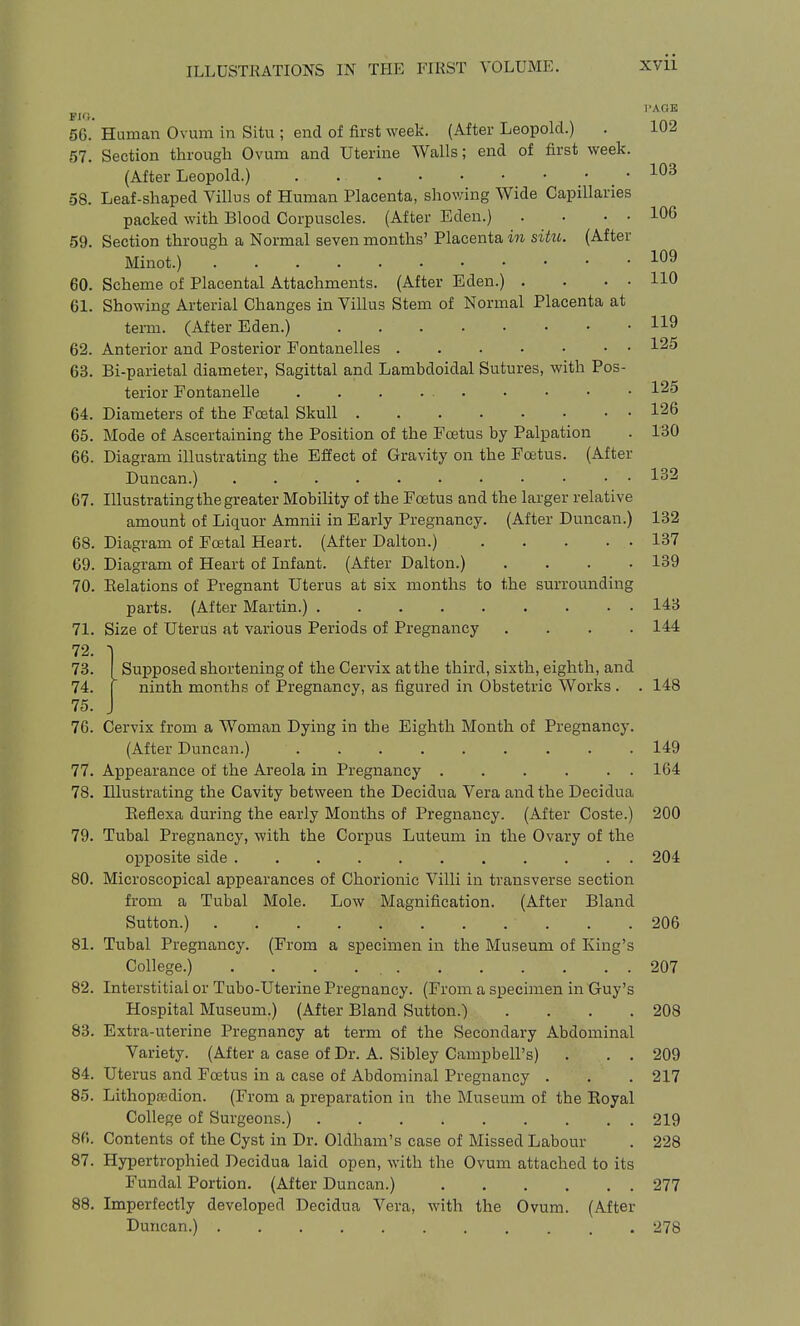ILLUSTRATIONS IN THE FIRST VOLUME. PA OB FKi. 56. Human Ovum in Situ ; end of first week. (After Leopold.) . 102 57. Section through Ovum and Uterine Walls; end of first week. (After Leopold.) .103 -58. Leaf-shaped Villus of Human Placenta, showing Wide Capillaries packed with Blood Corpuscles. (After Eden.) . . . . 106 59. Section through a Normal seven months' Placenta in sittc. (After Minot.) 60. Scheme of Placental Attachments. (After Eden.) . . . . 110 61. Showing Arterial Changes in Villus Stem of Normal Placenta at term. (After Eden.) 119 62. Anterior and Posterior Fontanelles 125 63. Bi-parietal diameter, Sagittal and Lambdoidal Sutures, with Pos- terior Fontanelle 1^^ 64. Diameters of the Foetal Skull 126 65. Mode of Ascertaining the Position of the Fcetus by Palpation . 130 66. Diagram illustrating the Effect of Gravity on the Fcetus. (After Duncan.) 132 67. Illustrating the greater Mobility of the Foetus and the larger relative amount of Liquor Amnii in Early Pregnancy. (After Duncan.) 132 68. Diagram of Foetal Heart. (After Dalton.) 137 69. Diagram of Heart of Infant. (After Dalton.) . . . .189 70. Eelations of Pregnant Uterus at six months to the surrounding parts. (After Martin.) 143 71. Size of Uterus at various Periods of Pregnancy .... 144 72. 73. 74. 75. 76. Cervix from a Woman Dying in the Eighth Month of Pregnancy. (After Duncan.) 149 77. Appearance of the Areola in Pregnancy . . . . . . 164 78. Illustrating the Cavity between the Decidua Vera and the Decidua Eeflexa during the early Months of Pregnancy. (After Coste.) 200 79. Tubal Pregnancy, with the Corpus Luteum in the Ovary of the opposite side 204 80. Microscopical appearances of Chorionic Villi in transverse section from a Tubal Mole. Low Magnification. (After Bland Sutton.) 206 81. Tubal Pregnancy. (From a specimen in the Museum of King's College.) . . . 207 82. Interstitial or Tubo-Uterine Pregnancy. (From a specimen in Guy's Hospital Museum.) (After Bland Sutton.) . . . .208 83. Extra-uterine Pregnancy at term of the Secondary Abdominal Variety. (After a case of Dr. A. Sibley Campbell's) . . . 209 84. Uterus and Foetus in a case of Abdominal Pregnancy . . . 217 85. LithopjEdion. (From a preparation in the Museum of the Boyal College of Surgeons.) 219 86. Contents of the Cyst in Dr. Oldham's case of Missed Labour . 228 87. Hypertrophied Decidua laid open, with the Ovum attached to its Fundal Portion. (After Duncan.) 277 88. Imperfectly developed Decidua Vera, with the Ovum. (After Duncan.) 278 Supposed shortening of the Cervix at the third, sixth, eighth, and ninth months of Pregnancy, as figured in Obstetric Works . . 148