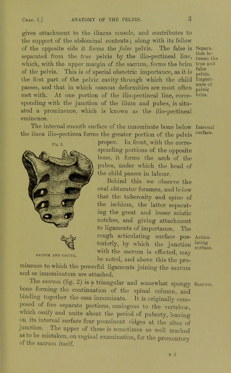 Fig. 2. gives attachment to the iliacus niuscle, and contributes to the support of the abdominal contents; along with its fellow of the opposite side it forms the false pelvis. The false is separated from the true pelvis by the ilio-pectineal line, which, with the upper margin of the sacrum, forms the brim of the pelvis. This is of special obstetric importance, as it is the first part of the pelvic cavity through which the child passes, and that in which osseous deformities are most often met with. At one portion of the ilio-pectineal line, corre- sponding with the junction of the ilium and pubes, is situ- ated a prominence, which is known as the ilio-pectineal eminence. The internal smooth surface of the innominate bone below the linea ilio-pectinea forms the greater portion of the pelvis proper. In front, with the corre- sponding portions of the opposite bone, it forms the arch of the pubes, under which the head of the child passes in labour. Behind this we observe the oval obturator foramen, and below that the tuberosity and spine of the ischium, the latter separat- ing the great and lesser sciatic notches, and giving attachment to ligaments of importance. The rough articulating surface pos- teriorly, by which the junction with the sacrum is effected, may be noted, and above this the pro- minence to which the powerful ligaments joining the sacrum and OS innominatum are attached. The sacrum (fig. 2) is a triangular and somewhat spongy bone forming the continuation of the spinal column, and binding together the ossa innominata. It is originally com- posed of five separate portions, analogous to the vertebra^, which ossify and unite about the period of puberty, leaving on Its internal surface four prominent ridges at the sites of junction. The upper of these is sometimes so well marked as to be mistaken, on vaginal examination, for the promontory of the sacrum itself. Separa- tion be- tween the true and false pelvis. Import- ance of pelvic brim. Internal surface. Articu- lating surface. SACRUM AND COCCYX. Sacrum. B 2