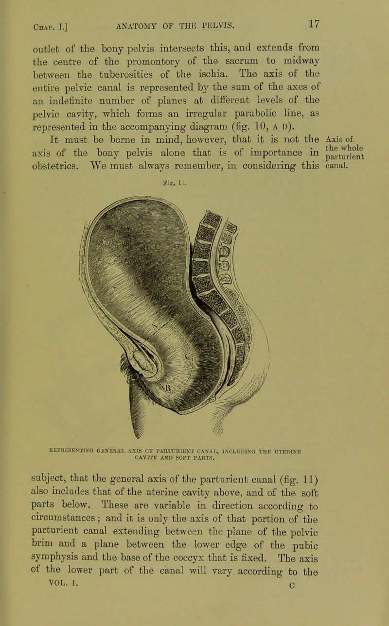 outlet of the bony pelvis intersects this, and extends from the centre of the promontory of the sacrum to midway between the tuberosities of the ischia. The axis of the entire pelvic canal is represented by the sum of the axes of an indefinite number of planes at different levels of the pelvic cavity, which forms an irregular parabolic line, as represented in the accompanying diagram (fig. 10, A d). It must be borne in mind, however, that it is not the Axis of axis of the bony pelvis alone that is of importance in partudent obstetrics. We must always remember, in considering this canal. Pig. 11. HEPHESEXTIXG GENEKAL AXIS OP PABTtJIlIENT CANAL, INCLUDING THE UTEniKE CATITY AND SOFT PAKTS. subject, that the general axis of the parturient canal (fig. 11) also includes that of the uterine cavity above, and of the soft parts below. These are variable in direction according to circumstances; and it is only the axis of that portion of the parturient canal extending between the plane of the pelvic brim and a plane between the lower edge of the pubic symphysis and the base of the coccyx that is fixed. The axis oi the lower part of the canal will vary according to the VOL, I. P