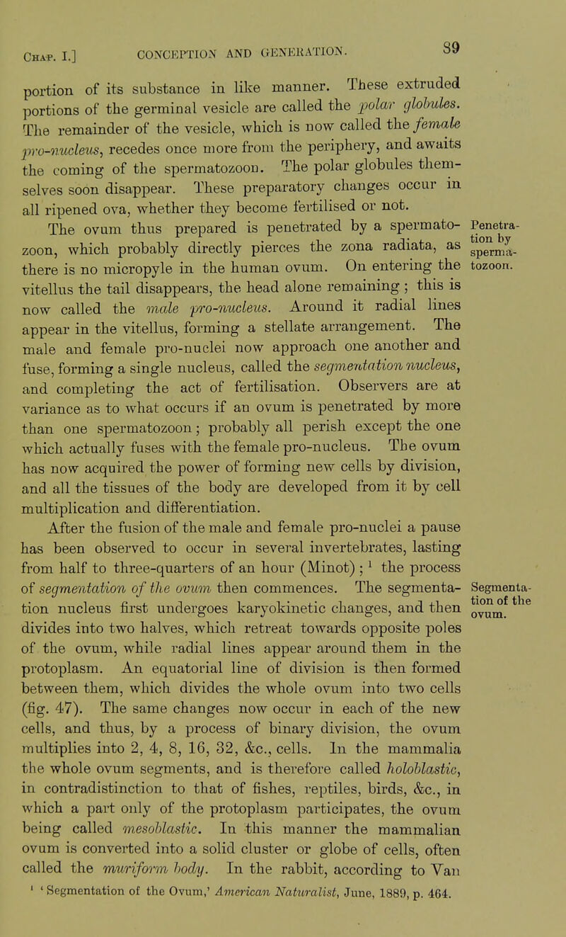 Chap. I.] CONCEPTION AND OENEliATION. S9 portion of its substance in like manner. These extruded portions of the germinal vesicle are called the 2^olar globules. The remainder of the vesicle, which is now called the female p'o-nucleus^ recedes once more from the periphery, and awaits the coming of the spermatozoon. The polar globules them- selves soon disappear. These preparatory changes occur m all ripened ova, whether they become fertilised or not. The ovum thus prepared is penetrated by a spermato- Penetra- zoon, which probably directly pierces the zona radiata, as gp^^^^f^. there is no micropyle in the human ovum. On entering the tozoon. vitellus the tail disappears, the head alone remaining ; this is now called the male 'pro-nucleus. Around it radial lines appear in the vitellus, forming a stellate arrangement. The male and female pro-nuclei now approach one another and fuse, forming a single nucleus, called the segmerttation nucleus, and completing the act of fertilisation. Observers are at variance as to what occurs if an ovum is penetrated by more than one spermatozoon; probably all perish except the one which actually fuses with the female pro-nucleus. The ovum has now acquired the power of forming new cells by division, and all the tissues of the body are developed from it by cell multiplication and differentiation. After the fusion of the male and female pro-nuclei a pause has been observed to occur in several invertebrates, lasting from half to three-quarters of an hour (Minot) ; ^ the process of segmentation of the ovum then commences. The segmenta- Segmenta- tion nucleus first undergoes karyokinetic changes, and then ^y^^^^ divides into two halves, which retreat towards opposite poles of the ovum, while radial lines appear around them in the protoplasm. An equatorial line of division is then formed between them, which divides the whole ovum into two cells (fig. 47). The same changes now occur in each of the new cells, and thus, by a process of binary division, the ovum multiplies into 2, 4, 8, 16, 32, &c., cells. In the mammalia the whole ovum segments, and is therefore called holohlastic, in contradistinction to that of fishes, reptiles, birds, &c., in which a part only of the protoplasm paiticipates, the ovum being called onesohlastie. In this manner the mammalian ovum is converted into a solid cluster or globe of cells, often called the muriform hody. In the rabbit, according to Van ' ' Segmentation of the Ovum,' American Naturalist, June, 1889, p. 464.