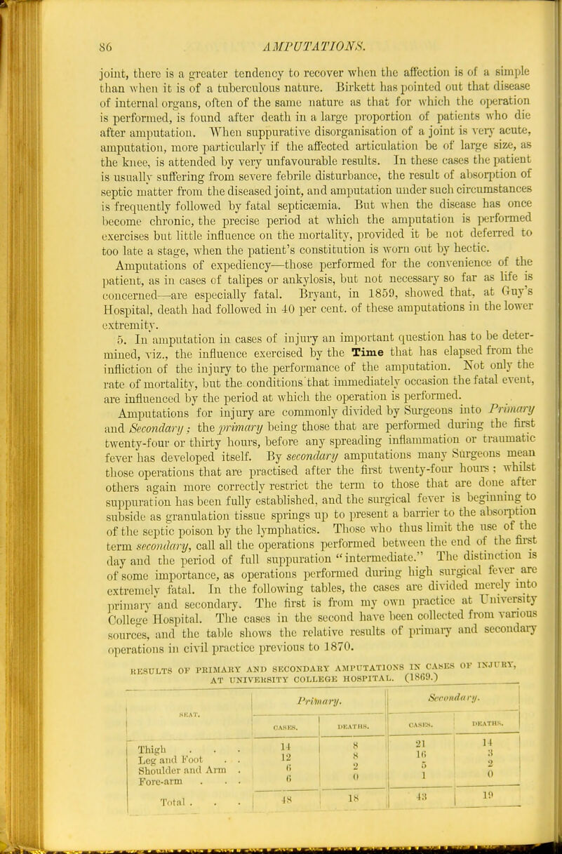joint, there is a greater tendency to recover when the affection is of a simple than when it is of a tuberculous nature. Birkett has pointed out that disease of internal organs, often of the same nature as that for which the operation is performed, is found after death in a large proportion of patients who die after amputation. When suppurative disorganisation of a joint is verj- acute, amputation, more particularly if the affected articulation be of large size, as the knee, is attended by very unfavourable results. In these ca.ses the patient is usually suffering from severe febrile disturbance, the result of absoqition of septic matter fi-om the diseased joint, and amputation mider such circumstances is frequently followed by fatal septic^fimia. But when the disease has once become chronic, the precise period at which the amputation is perfomied exercises but little influence on the mortality, provided it be not deferred to too late a stage, when the patient's constitution is Avorn out by hectic. Amputations of expediency—those performed for the convenience of the patient, as in cases of talipes or ankylosis, but not necessary so far as life is concerned—are especially fatal. Bryant, in 1859, showed that, at Guy's Hospital, death had foUowed in 40 per cent, of these amputations in the lower extremity. 5, In amputation in cases of injury an important question has to be deter- mined, viz., the influence exercised by the Time that has elapsed from the infliction of the injury to the performance of the amputation. Not only the rate of mortality, but the conditions that immediately occasion the fatal event, are influenced by the period at which the operation is performed. Amputations for injury are commonly divided by Sm-geous mto Primary and Secondary: the primary being those that are performed dm-iug the first twenty-four or thirty hours, before any spreading inflammation or traumatic fever has developed itself. By secondary amputations many Surgeons mean those operations that are practised after the first twenty-four hours : whilst others again more correctly restrict the term to those that are done_ after suppuration has been fully e^stablished, and the surgical fever is beginning to subside as granulation tissue springs up to present a barrier to the absolution of the septfc poison by the lymphatics. Those who thus limit the use of the term secondctry, call all the operations performed between the end of the first day and the period of full suppuration  intermediate. The distinction is of some importance, as operations performed during high surgical fever are extremely fatal. In the following tables, the cases are divided merely into priniarv 'and secondary. The first is from my own practice at University College Hospital. The cases in the second have been collected from various sources, and the table shows the relative results of primary and secondary operations in civil practice previous to 1870. RESULTS or PEIMAKY AND SECONDAHY AMPUTATIONS IN CASES OF INJURY, (1869.) I'ri'mary, 1 Scrondari/. | .SKAT. CA.SE.S. DEATHS. 1 CASKS. DEATHS. Thigh Leg and Foot . . Shoulder and Arm . Fore-arm . . . 15 c. ^ i 2 (I 21 ! 14 ! i(i i :i 1 5 ! 2 1 1 0 Total . 4.S IS J 43 1 15>