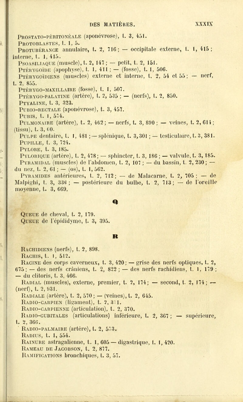 Prostato-péritonéale (aponévrose), t. 3, 451. Protoblastes, t. 1, 5. Protubérance annulaire, t. 2, 716; — occipitale externe, t. 1, 415; interne, t. 1, 415. Psoasiliaque (muscle), t. 2, 147 ; — petit, t. 2, 151. Ptérygoïde (apophyse), t. 1, 411 ; — (fosse), t. 1, 506. Ptérygoïdiens (muscles) externe et interne, t. 2, 54 et 55 ; — nerf, t. 2, 855. Ptérygomaxillaire (fosse), t. \, 507. Ptérygo-palatine (artère), t, 2, 535 ; — (nerfs), t. 2, 850. Ptyaline, t. 3, 323. Pubio-rectale (aponévrose), t. 3, 457. Pubis, t. 1, 574. Pulmonaire (artère), t. 2, 462; — nerfs, t. 3, 890; — veines, t. 2, 614; (tissu), t. 3, (i0. Pulpe dentaire, t. 1, 481 ; —splénique, t. 3,301 ; — testiculaire, t. 3, 381. Pupille, t. 3, 724. Pylore, t. 3, 185. Pylorique (artère), t. 2, 478; — sphincter, t. 3, 186; — valvule, t. 3, 185. Pyramidal (muscles) de l'abdomen, t. 2, 107 ; — du bassin, t. 2, 230; — du nez, t. 2, 61 ; — (os), t. 1, 562. Pyramides antérieures, t. 2, 712; — de Malacarne, t. 2, 705; — de Malpighi, t. 3, 336 ; — postérieure du bulbe, t. 2, 713; — de l'oreille moyenne, t. 3, 669, <* Queue de cheval, t. 2, 179. Queue de i'épididyme, t- 3, 395. R Rachidiens (nerfs), t. 2, 898. Rachis, t. I, 512. Racine des corps caverneux, t. 3, 420; — grise des nerfs optiques, t. 2, 675; — des nerfs crâniens, t. 2, 822; — des nerfs rachidiens, t. 1, 179 ; — du clitoris, t. 3, 466. Radial (muscles), externe, premier, t. 2, 174; — second, t. 2, 174 ; — (nerf), t. 2,5)31. Radiale (artère), t. 2, 570; — (veines), t. 2, 645. Radio-carpien (ligament), t. 2,371. Radio-carpienne (articulation), t. 2, 370. Radio-cubitales (articulations) inférieure, t. 2, 367 ; — supérieure, t. 2, 366. ' Radio-palmaire (artère), t. 2, 573. Radius, t. 1, 554. Rainure astragalienne, t. 1, 605 — digastrique, t. 1,420. Rameau de Jacobson, t. 2, 877. Ramifications bronchiques, t. 3, 57.