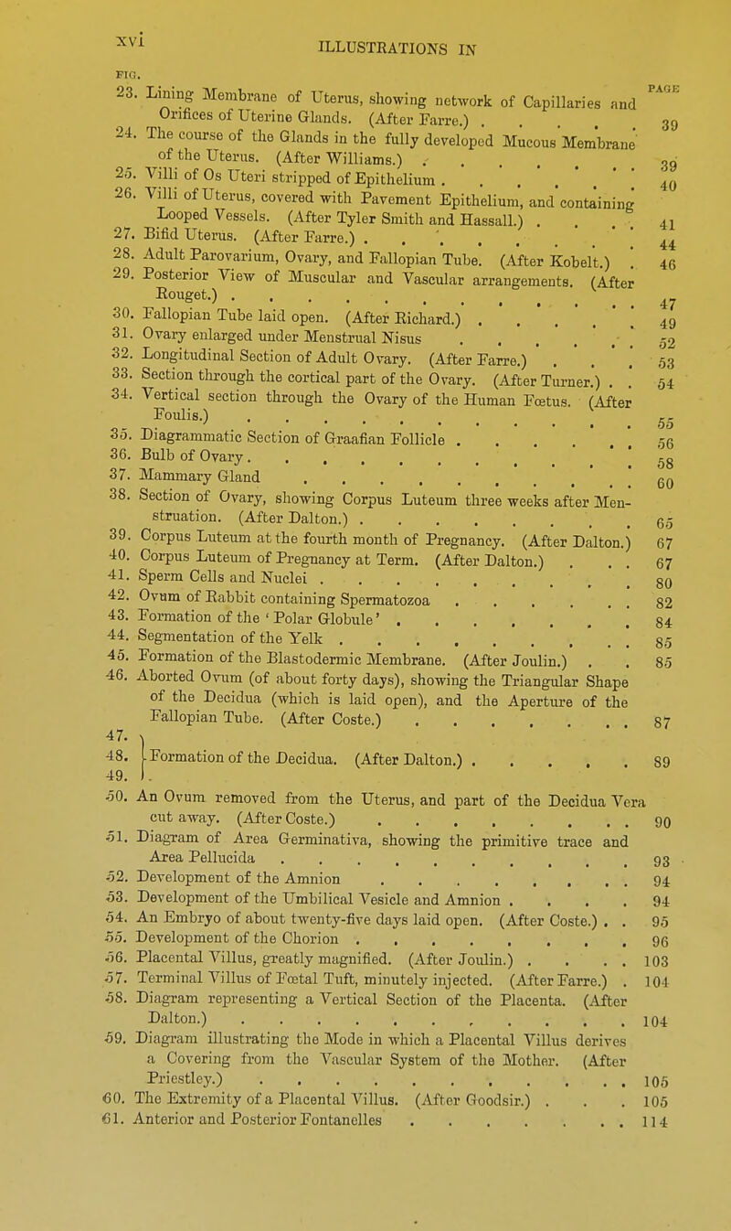 PIG. 23. Lining Membrane of Uterus, showing network of Capillaries and Orifices of Uterine Glands. (After Farre.) . . 39 24. The course of the Glands in the fully developed Mucous Membrane of the Uterus. (After Williams.) .... 39 25. Villi of Os Uteri stripped of Epithelium . 40 26. Villi of Uterus, covered with Pavement Epithelium, andcontaining Looped Vessels. (After Tyler Smith and Hassall.) . 4, 27. Bifid Uterus. (After Farre.) ...... 44 28. Adult Parovarium, Ovary, and Fallopian Tube. (After Kobelt.) '. 46 29. Posterior View of Muscular and Vascular arrangements. (After EouSet-) 47 30. Fallopian Tube laid open. (After Eichard.) 49 31. Ovary enlarged under Menstrual Nisus . . . . . 52 32. Longitudinal Section of Adult Ovary. (After Farre.) . ' . 53 33. Section through the cortical part of the Ovary. (After Turner.) . .' 54 34. Vertical section through the Ovary of the Human Fcetus. (After Boulis.) 55 35. Diagrammatic Section of Graafian Follicle ... ' k« 36. Bulb of Ovary......... ' ! 58 37. Mammary Gland 60 38. Section of Ovary, showing Corpus Luteum three weeks after Men- struation. (After Dalton.) 6.5 39. Corpus Luteum at the fourth month of Pregnancy. (After Dalton.) 67 40. Corpus Luteum of Pregnancy at Term. (After Dalton.) . . . 67 41. Sperm Cells and Nuclei 80 42. Ovum of Babbit containing Spermatozoa 82 43. Formation of the'Polar Globule' ' . ' ! 84 44. Segmentation of the Yelk ' . ! 85 45. Formation of the Blastodermic Membrane. (After Joulin.) . 46. Aborted Ovum (of about forty days), showing the Triangular Shape of the Decidua (which is laid open), and the Aperture of the Fallopian Tube. (After Coste.) 87 47. 48. 49. 50. An Ovum removed from the Uterus, and part of the Decidua Vera cut away. (After Coste.) 90 .51. Diagram of Area Germinativa, showing the primitive trace and Area Pellucida 93 -52. Development of the Amnion 94 53. Development of the Umbilical Vesicle and Amnion .... 94 54. An Embryo of about twenty-five days laid open. (After Coste.) . . 95 55. Development of the Chorion 96 56. Placental Villus, greatly magnified. (After Joulin.) . . . . 103 57. Terminal Villus of Foetal Tuft, minutely injected. (After Farre.) . 104 58. Diagram representing a Vertical Section of the Placenta. (After Dalton.) 104 59. Diagram illustrating the Mode in which a Placental Villus derives a Covering from the Vascular System of the Mother. (After Priestley.) 105 60. The Extremity of a Placental Villus. (After Goodsir.) . . .105 61. Anterior and Posterior Fontanclles 114 o ■ Formation of the Decidua. (After Dalton.) 89
