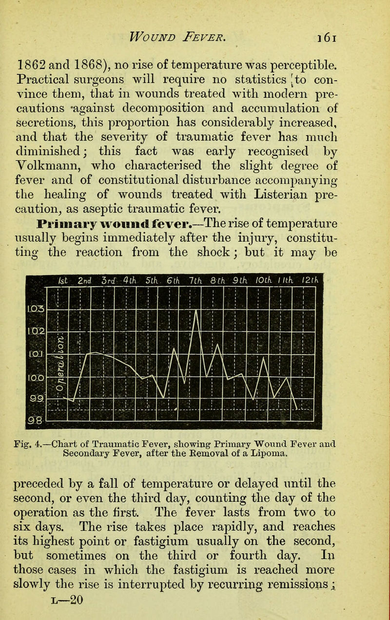 1862 and 1868), no rise of temperature was perceptible. Practical surgeons will require no statistics [to con- vince them, that in wounds treated with modern pre- cautions -against decomposition and accumulation of secretions, this proportion has considerably increased, and that the severity of traumatic fever has much diminished; this fact was early recognised by Volkmann, who characterised the slight degree of fever and of constitutional disturbance accompanying the healing of wounds treated with Listerian pre- caution, as aseptic traumatic fever. Primary wound fever.—The rise of temperature usually begins immediately after the injury, constitu- ting the reaction from the shock; but it may be Fig. 4.—Chart of Traumatic Fever, showing Primary Wound Fever and Secondary Fever, after the Kemoval of a Lipoma. preceded by a fall of temperature or delayed until the second, or even the third day, counting the day of the operation as the first. The fever lasts from two to six days. The rise takes place rapidly, and reaches its highest point or fastigium usually on the second, but sometimes on the third or fourth day. In those cases in which the fastigium is reached more slowly the rise is interrupted by recurring remissions; l—20