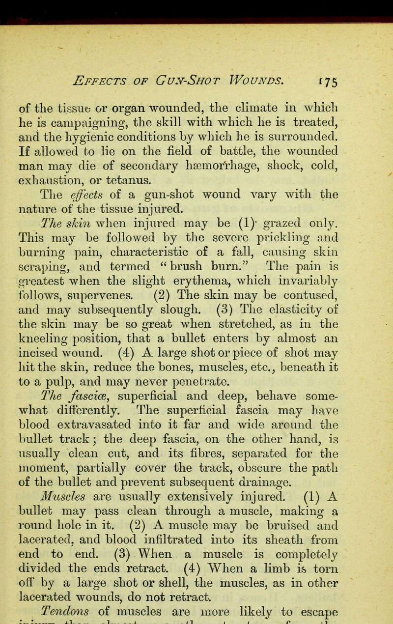 of the tissue or organ wounded, the climate in which he is campaigning, the skill with which he is treated, and the hygienic conditions by which he is surrounded. If allowed to lie on the field of battle, the wounded man may die of secondary haemorrhage, shock, cold, exhaustion, or tetanus. The effects of a gun-shot wound vary with the nature of the tissue injured. The skin when injured may be (1)* grazed only. This may be followed by the severe prickling and burning pain, characteristic of a fall, causing skin scraping, and termed brush burn. The pain is greatest when the slight erythema, which invariably follows, supervenes. (2) The skin may be contused, and may subsequently slough. (3) The elasticity of the skin may be so great when stretched, as in the kneeling position, that a bullet enters by almost an incised wound. (4) A large shot or piece of shot may hit the skin, reduce the bones, muscles, etc., beneath it to a pulp, and may never penetrate. The fascice, superficial and deep, behave some- what differently. The superficial fascia may have blood extravasated into it far and wide around the bullet track; the deep fascia, on the other hand, is usually clean cut, and its fibres, separated for the moment, partially cover the track, obscure the path of the bullet and prevent subsequent drainage. Muscles are usually extensively injured. (1) A bullet may pass clean through a muscle, making a round hole in it. (2) A muscle may be bruised and lacerated, and blood infiltrated into its sheath from end to end. (3) When a muscle is completely divided the ends retract. (4) When a limb is torn off by a large shot or shell, the muscles, as in other lacerated wounds, do not retract. Tendons of muscles are more likely to escape