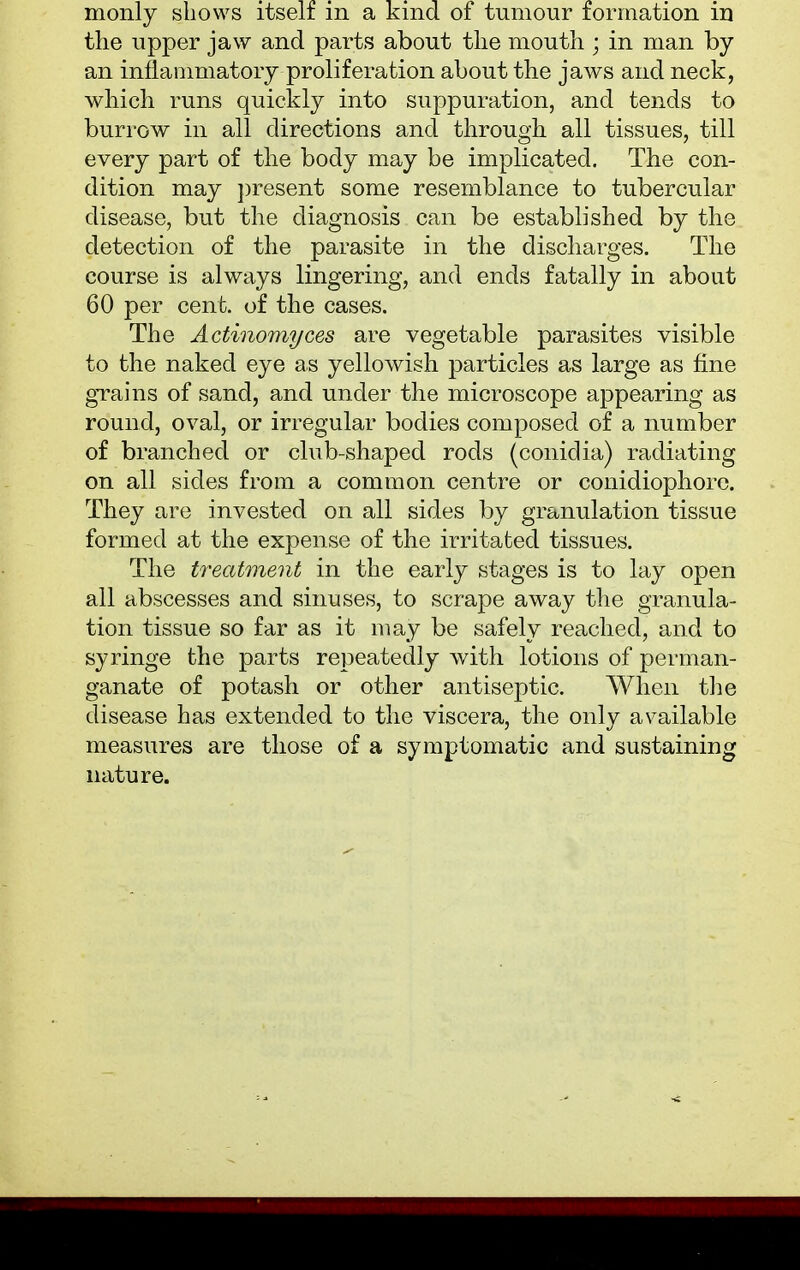 monly shows itself in a kind of tumour formation in the upper jaw and parts about the mouth ; in man by an inflammatory proliferation about the jaws and neck, which runs quickly into suppuration, and tends to burrow in all directions and through all tissues, till every part of the body may be implicated. The con- dition may present some resemblance to tubercular disease, but the diagnosis can be established by the detection of the parasite in the discharges. The course is always lingering, and ends fatally in about 60 per cent, of the cases. The Actinomyces are vegetable parasites visible to the naked eye as yellowish particles as large as fine grains of sand, and under the microscope appearing as round, oval, or irregular bodies composed of a number of branched or club-shaped rods (conidia) radiating on all sides from a common centre or conidiophore. They are invested on all sides by granulation tissue formed at the expense of the irritated tissues. The treatment in the early stages is to lay open all abscesses and sinuses, to scrape away the granula- tion tissue so far as it may be safely reached, and to syringe the parts repeatedly with lotions of perman- ganate of potash or other antiseptic. When the disease has extended to the viscera, the only available measures are those of a symptomatic and sustaining nature.