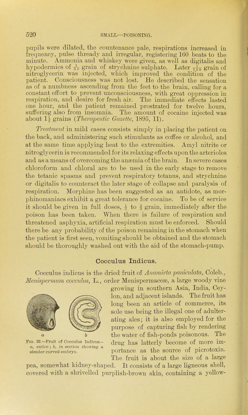 pupils were dilated, the countenance pale, respirations increased in freciuency, pulse thready and irregular, registering 160 beats to the minute. Ammonia and whiskey were given, as well as digitalis and hypodermics of grain of strychnine sulphate. Later yi-o gi'ain of nitroglycerin was injected, which improved the condition of the patient. Consciousness was not lost. He described the sensation as of a numbness ascending from the feet to the brain, calling for a constant effort to prevent unconsciousness, with great oppression in respiration, and desire for fresh air. The immediate effects lasted one hour, and the patient remained prostrated for twelve hours, suffering also from insomnia. The amount of cocaine injected was about 1^ grains {Therapeutic Gazette, 1895, 11). Treatment in mild cases consists simply in placing the patient on the back, and administering such stimulants as coffee or alcohol, and at the same time applying heat to the extremities. Amyl nitrite or nitroglycerin is recommended for its relaxing effects upon the arterioles and as a means of overcoming the anaemia of the brain. In severe cases chloroform and chloral are to be used in the early stage to remove the tetanic spasms and prevent respiratory tetanus, and strychnine or digitalis to counteract the later stage of- collapse and paralysis of respiration. Morphine has been suggested as an antidote, as mor- phinomaniacs exhibit a great tolerance for cocaine. To be of service it should be given in full doses, ^ to f grain, immediately after the poison has been taken. When there is failure of respiration and threatened asphyxia, artificial respiration must be enforced. Should there be any probability of the poison remaining in the stomach when the patient is first seen, vomiting should be obtained and the stomach should be thoroughly washed out with the aid of the stomach-pump. Cocculus Indicus. Cocculus indicus is the dried fruit of Anamirta paniculata, Coleb., Menispermum cocculus, L., order MenispermaceaB, a large woody vine growing in southern Asia, India, Cey- lon, and adjacent islands. The fruit has long been an article of commerce, its sole use being the illegal one of adulter- ating ales; it is also employed for the purpose of capturing fish by rendering the water of fish-ponds poisonous. The drug has latterly become of more im- portance as the source of picrotoxin. The fruit is about the size of a large pea, somewhat kidney-shaped. It consists of a large ligneous shell, covered with a shrivelled purplish-brown skin, containing a yellow- FiG. 88.—Fruit of Cocculus Indicus— a, entire ; 6, in section sliowing a slender curved embryo.
