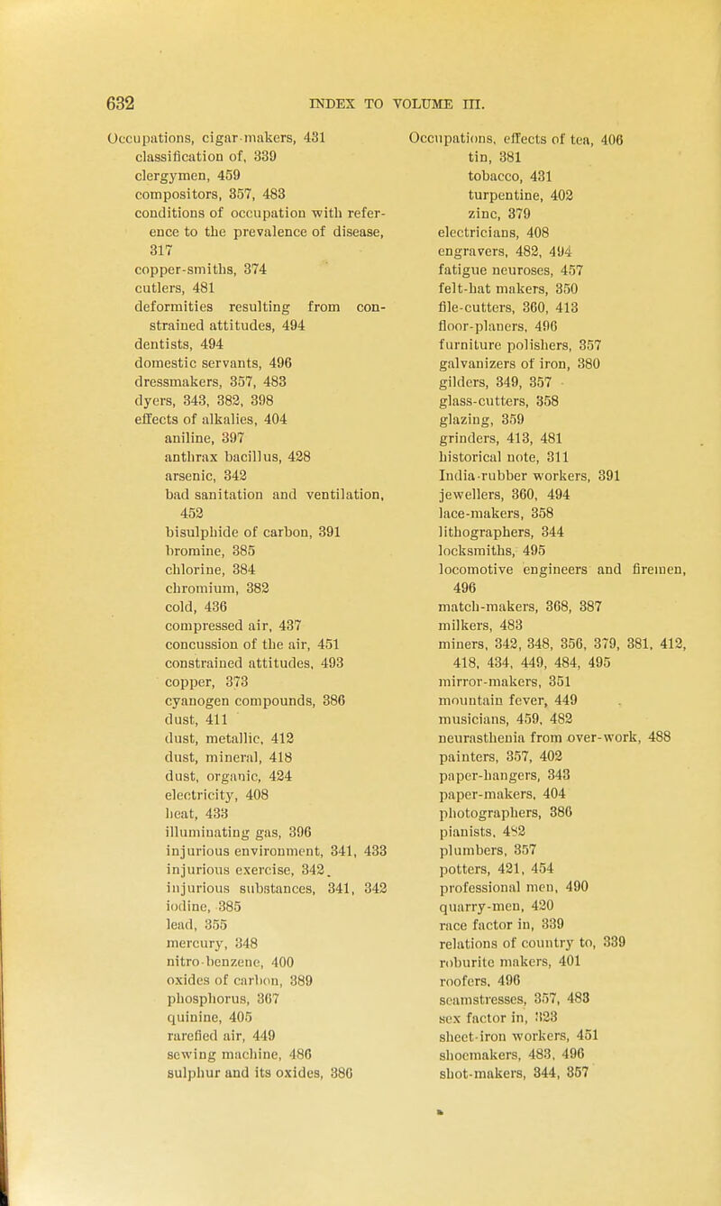 Occupations, cigar-makers, 481 classification of, 339 clergymen, 459 compositors, 357, 483 conditions of occupation with refer- ence to the prevalence of disease, 317 copper-smiths, 374 cutlers, 481 deformities resulting from con- strained attitudes, 494 dentists, 494 domestic servants, 496 dressmakers, 357, 483 dyers, 343, 382, 398 effects of alkalies, 404 aniline, 397 anthrax bacillus, 428 arsenic, 342 bad sanitation and ventilation, 452 bisulphide of carbon, 391 bromine, 385 chlorine, 384 chromium, 382 cold, 436 compressed air, 437 concussion of the air, 451 constrained attitudes, 493 copper, 373 cyanogen compounds, 386 dust, 411 dust, metallic, 412 dust, mineral, 418 dust, organic, 424 electricity, 408 heat, 433 illuminating gas, 396 injurious environment, 341, 433 injurious exercise, 342. injurious substances, 341, 342 iodine, 385 lead, 355 mercury, 348 nitro benzene, 400 oxides of cnrbdn, 389 phosphorus, 367 quinine, 405 rarefied air, 449 sewing machine, 486 sulphur and its oxides, 386 Occupations, effects of tea, 406 tin, 381 tobacco, 431 turpentine, 402 zinc, 379 electricians, 408 engravers, 482, 494 fatigue neuroses, 457 felt-hat makers, 350 file-cutters, 360, 413 floor-planers, 496 furniture polishers, 357 galvanizers of iron, 380 gilders, 349, 357 glass-cutters, 358 glazing, 359 grinders, 413, 481 historical note, 311 India-rubber workers, 391 jewellers, 360, 494 lace-makers, 358 lithographers, 344 locksmiths, 495 locomotive engineers and firemen 496 match-makers, 368, 387 milkers, 483 miners, 342, 348, 356, 379, 381. 412 418. 434, 449, 484, 495 mirror-makers, 351 mountain fever, 449 musicians, 459, 482 neurasthenia from over-work, 488 painters, 357, 402 paper-hangers, 343 paper-makers, 404 photographers, 380 pianists. 4'^2 plumbers, 357 potters, 421, 454 professional men, 490 quarry-men, 420 race factor in, 339 relations of country to, 339 roburite makers, 401 roofers. 496 seamstiesses, 357, 483 sex factor in, 323 sheet-iron workers, 451 shoemakers, 483, 496 shot-makers, 344, 857