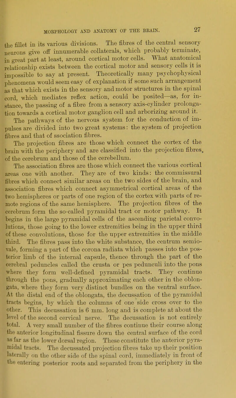 tlie fillet in its various divisions. The fibres of the central sensory neurons give off innumerable collaterals, which probably terminate, in great part at least, around cortical motor cells. What anatomical relationship exists between the cortical motor and sensory cells it is impossible to say at present. Theoretically many psychophysical phenomena would seem easy of explanation if some such arrangement as that which exists in the sensory and motor structures in the spinal cord, which mediates reflex action, could be posited—as, for in- stance, the passing of a fibre from a sensory axis-cylinder prolonga- tion towards a cortical motor ganglion cell and arborizing around it. The pathways of the nervous system for the conduction of im- pulses are divided into two great systems: the system of projection fibres and that of ssociation fibres. The projection fibres are those which connect the cortex of the brain with the periphery and are classified into the projection fibres, of the cerebrum and those of the cerebellum. The association fibres are those which connect the various cortical areas one with another. They are of two kinds: the commissural fibres which connect similar areas on the two sides of the brain, and association fibres which connect asymmetrical cortical areas of the two hemispheres or parts of one region of the cortex with parts of re- mote regions of the same hemisphere. The projection fibres of the cerebrum form the so-called pyramidal tract or motor pathway. It begins in the large pyramidal cells of the ascending parietal convo- lutions, those going to the lower extremities being in the upper third of these convolutions, those for the upper extremities in the middle third. The fibres pass into the white substance, the centrum semio- vale, forming a part of the corona radiata which passes into the pos- terior limb of the internal capsule, thence through the part of the cerebral peduncles called the crusta or pes pedunculi into the pons where they form well-defined pyramidal tracts. They continue through the pons, gradually approximating each other in the oblon- gata, where they form very distinct bundles on the ventral surface. At the distal end of the oblongata, the decussation of the pyramidal tracts begins, by which the columns of one side cross over to the other. This decussation is 6 mm. long and is complete at about the level of the second cervical nerve. The decussation is not entirely total. A very small number of the fibres continue their course along the anterior longitudinal fissure down the central surface of the cord as far as the lower dorsal region. These constitute the anterior pyra- midal tracts. The decussated projection fibres take up their position laterally on the other side of the spinal cord, immediately in front of the entering posterior roots and separated from the periphery in the