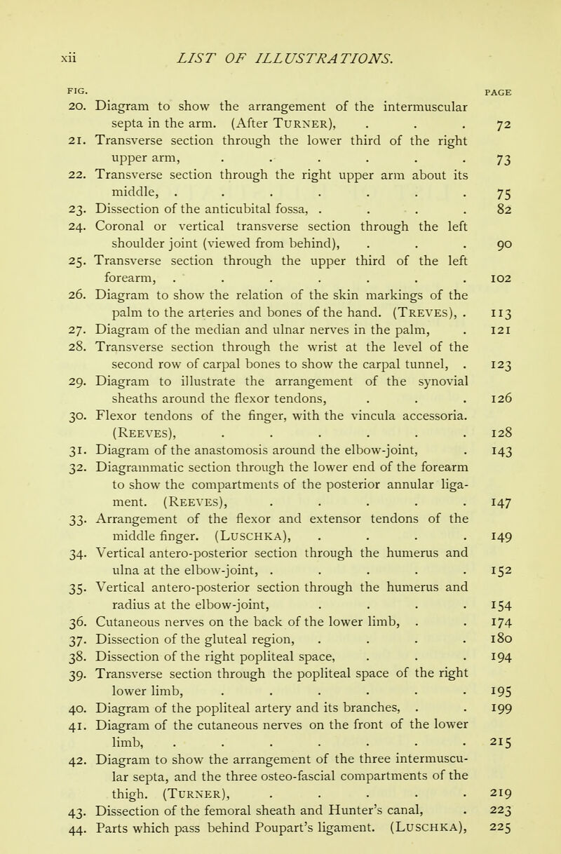 FIG. PAGE 20. Diagram to show the arrangement of the intermuscular septa in the arm. (After Turner), . . .72 21. Transverse section through the lower third of the right upper arm, ...... 73 22. Transverse section through the right upper arm about its middle, ....... 75 23. Dissection of the anticubital fossa, . . . .82 24. Coronal or vertical transverse section through the left shoulder joint (viewed from behind), . . .90 25. Transverse section through the upper third of the left forearm, ....... 102 26. Diagram to show the relation of the skin markings of the palm to the arteries and bones of the hand. (Treves), . 113 27. Diagram of the median and ulnar nerves in the palm, . 121 28. Transverse section through the wrist at the level of the second row of carpal bones to show the carpal tunnel, . 123 29. Diagram to illustrate the arrangement of the synovial sheaths around the flexor tendons, . . .126 30. Flexor tendons of the finger, with the vincula accessoria. (Reeves), ...... 128 31. Diagram of the anastomosis around the elbow-joint, . 143 32. Diagrammatic section through the lower end of the forearm to show the compartments of the posterior annular liga- ment. (Reeves), ..... 147 33. Arrangement of the flexor and extensor tendons of the middle finger. (Luschka), . . . .149 34. Vertical antero-posterior section through the humerus and ulna at the elbow-joint, . . . . .152 35. Vertical antero-posterior section through the humerus and radius at the elbow-joint, . . . .154 36. Cutaneous nerves on the back of the lower limb, . .174 37. Dissection of the gluteal region, . . . .180 38. Dissection of the right popliteal space, . . .194 39. Transverse section through the popliteal space of the right lower limb, . . . . . .195 40. Diagram of the popliteal artery and its branches, . .199 41. Diagram of the cutaneous nerves on the front of the lower limb, . . . . . . .215 42. Diagram to show the arrangement of the three intermuscu- lar septa, and the three osteo-fascial compartments of the thigh. (Turner), . . . . .219 43. Dissection of the femoral sheath and Hunter's canal, . 223 44. Parts which pass behind Poupart's ligament. (Luschka), 225