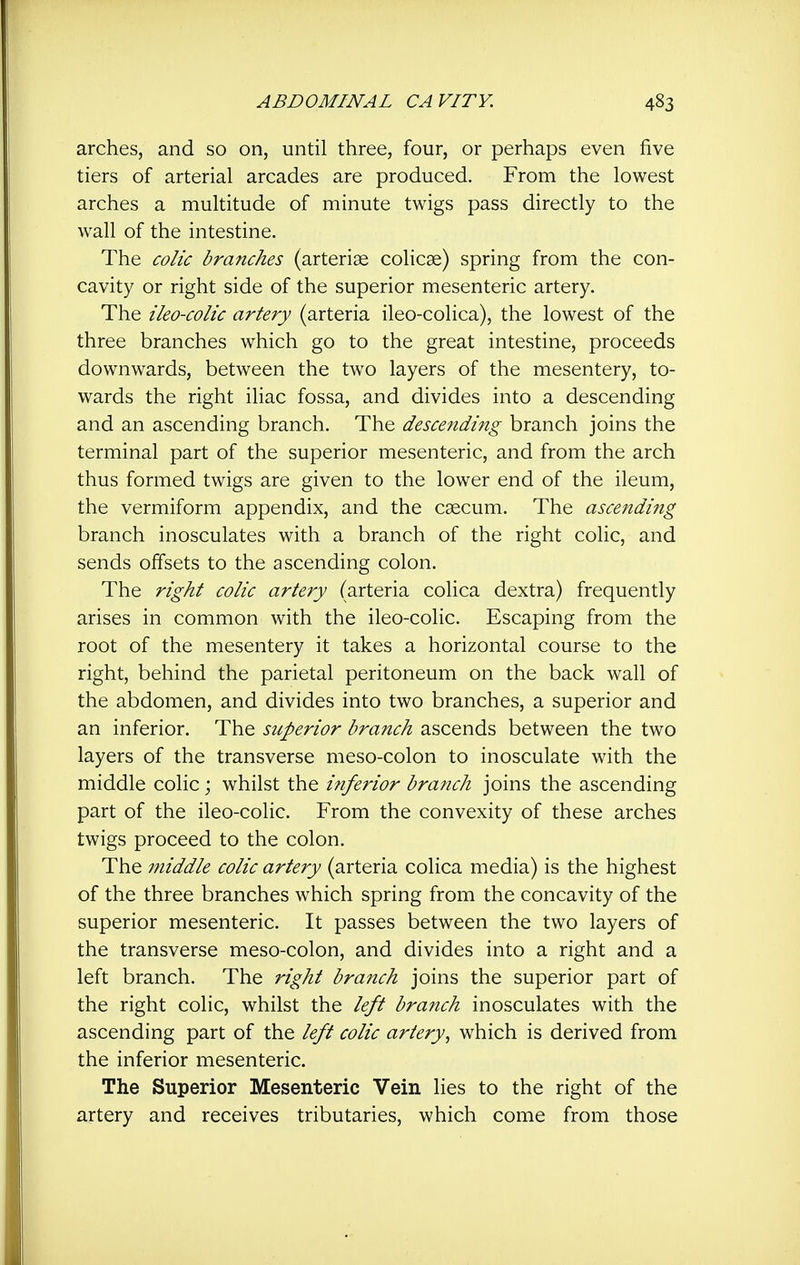 arches, and so on, until three, four, or perhaps even five tiers of arterial arcades are produced. From the lowest arches a multitude of minute twigs pass directly to the wall of the intestine. The colic branches (arterise colicse) spring from the con- cavity or right side of the superior mesenteric artery. The ileo-colic artery (arteria ileo-colica), the lowest of the three branches which go to the great intestine, proceeds downwards, between the two layers of the mesentery, to- wards the right iliac fossa, and divides into a descending and an ascending branch. The descending branch joins the terminal part of the superior mesenteric, and from the arch thus formed twigs are given to the lower end of the ileum, the vermiform appendix, and the caecum. The ascending branch inosculates with a branch of the right colic, and sends offsets to the ascending colon. The right colic artery (arteria colica dextra) frequently arises in common with the ileo-colic. Escaping from the root of the mesentery it takes a horizontal course to the right, behind the parietal peritoneum on the back wall of the abdomen, and divides into two branches, a superior and an inferior. The superior branch ascends between the two layers of the transverse meso-colon to inosculate with the middle colic; whilst the inferior branch joins the ascending part of the ileo-colic. From the convexity of these arches twigs proceed to the colon. The middle colic artery (arteria colica media) is the highest of the three branches which spring from the concavity of the superior mesenteric. It passes between the two layers of the transverse meso-colon, and divides into a right and a left branch. The right branch joins the superior part of the right colic, whilst the left branch inosculates with the ascending part of the left colic artery^ which is derived from the inferior mesenteric. The Superior Mesenteric Vein lies to the right of the artery and receives tributaries, which come from those