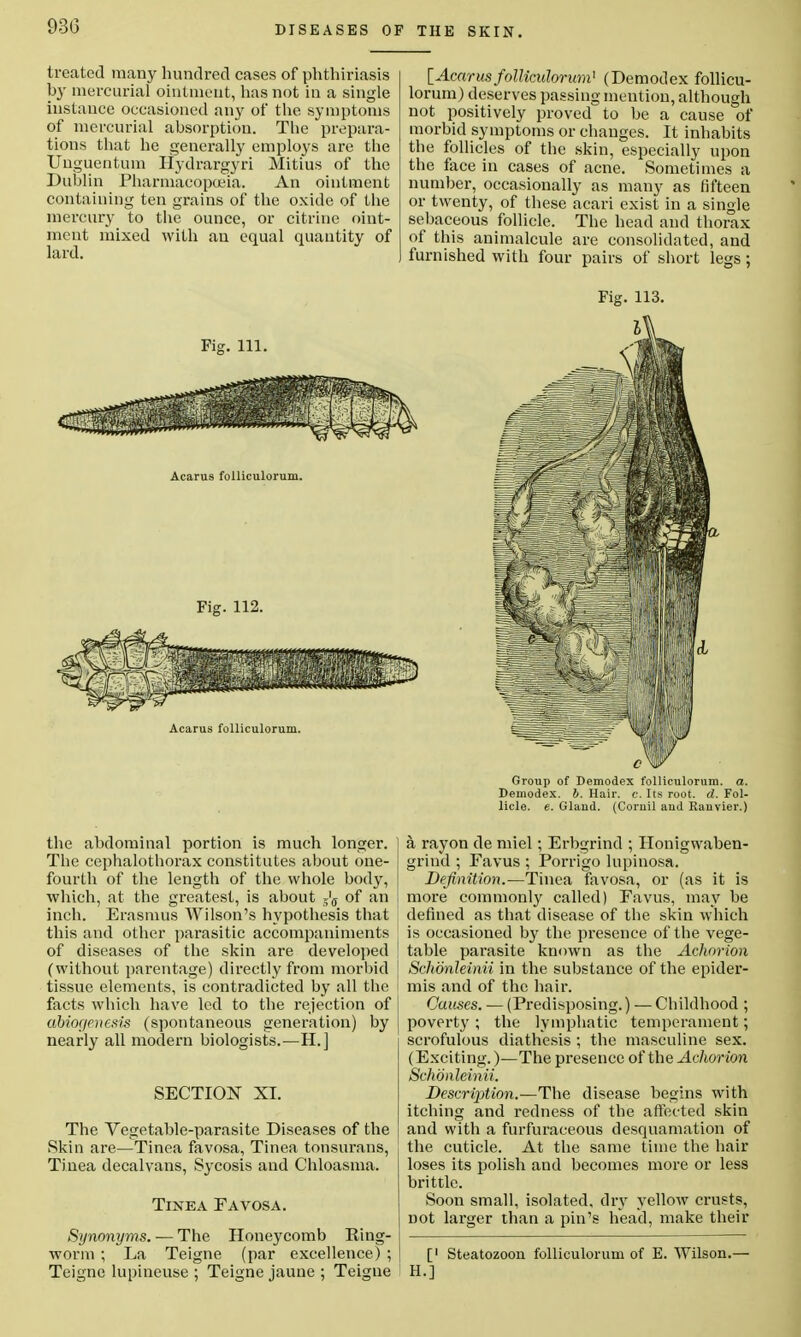 930 treated many hundred cases of phthiriasis by mercurial ointment, has not in a single instance occasioned any of the symptoms of mercurial absorption. The prepara- tions that he generally employs are the Unguentum Hydrargyri Mitius of the Dublin Pharmacopoeia. An ointment containing ten grains of the oxide of the mercury to the ounce, or citrine oint- ment mixed with an equal quantity of lard. [Acarus folliculorum1 (Demodex follicu- lorum) deserves passing mention, although not positively proved to be a cause of morbid symptoms or changes. It inhabits the follicles of the skin, especially upon the face in cases of acne. Sometimes a number, occasionally as many as fifteen or twenty, of these acari exist in a single sebaceous follicle. The head and thorax of this animalcule are consolidated, and furnished with four pairs of short legs; Fig. 113. Fig. 111. Acarus folliculorum. Fig. 112. Acarus folliculorum. Group of Demodex folliculorum. a. Demodex. h. Hair. c. Its root. d. Fol- licle, e. Gland. (Cornil aud Rauvier.) the abdominal portion is much longer. The cephalothorax constitutes about one- fourth of the length of the whole body, which, at the greatest, is about 5'ff of an inch. Erasmus Wilson's hypothesis that this and other parasitic accompaniments of diseases of the skin are developed (without parentage) directly from morbid tissue elements, is contradicted by all the facts which have led to the rejection of abior/enesis (spontaneous generation) by nearly all modern biologists.—H.] SECTION XI. The Vegetable-parasite Diseases of the Skin are—Tinea favosa, Tinea tonsurans, Tinea decalvans, Sycosis and Chloasma. Tinea Favosa. Synonyms. — The Honeycomb King- worm ; La Teigne (par excellence) ; Teigne lupineuse ; Teigne jaune ; Teigne a rayon de miel; Erbgrind ; Honigwaben- grind ; Favus ; Porrigo lupinosa. Definition.—Tinea favosa, or (as it is more commonly called) Favus, may be defined as that disease of the skin which is occasioned by the presence of the vege- table parasite known as the Achorion Schdnleinii in the substance of the epider- mis and of the hair. Causes. — (Predisposing.) — Childhood ; poverty ; the lymphatic temperament; scrofulous diathesis ; the masculine sex. (Exciting.)—The presence of the Achorion Schdnleinii. DescrijMon.—The disease begins with itching and redness of the affected skin and with a furfuraceous desquamation of the cuticle. At the same time the hair loses its polish and becomes more or less brittle. Soon small, isolated, dry yellow crusts, not larger than a pin's head, make their [' H.] Steatozoou folliculoriun of E. Wilson.—