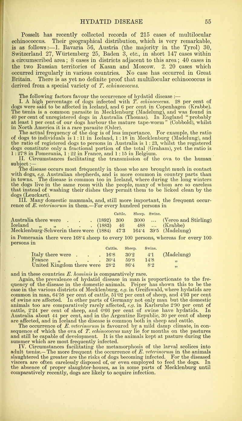 Posselt has recently collected records of 215 cases of multilocular echinococcus. Their geographical distribution, which is very remarkable, is as follows:—1. Bavaria 56, Austria (the majority in the Tyrol) 30, Switzerland 27, Wiirtemberg 25, Baden 3, etc., in short 147 cases within a circumscribed area; 8 cases in districts adjacent to this area; 40 cases in the two Kussian territories of Kasan and Moscow. 2. 20 cases which occurred irregularly in various countries. No case has occurred in Great Britain. There is as yet no definite proof that multilocular echinococcus is derived from a special variety of T. echinococcus. The following factors favour the occurrence of hydatid disease :— I. A high percentage of dogs infected with T. echinococcus. 28 per cent of dogs were said to be affected in Iceland, and 6 per cent in Copenhagen (Krabbe). The taenia is a common parasite in Mecklenburg (Madelung), and was found in 40 per cent of unregistered dogs in Australia (Thomas). In England probably at least 1 per cent of our clogs harbour the mature tape-worm (Cobbold), whilst in North America it is a rare parasite (Osier). The actual frequency of the dog is of less importance. For example, the ratio of dogs to individuals is 1 :11 in Iceland, 1 :18 in Mecklenburg (Madelung), and the ratio of registered dogs to persons in Australia is 1 : 23, whilst the registered dogs constitute only a fractional portion of the total (Graham), yet the ratio is 1 : 27'8 in Pomerania, 1 : 22 in France, and 1 :15 in Belgium. II. Circumstances facilitating the transmission of the ova to the human subject:— The disease occurs most frequently in those who are brought much in contact with dogs, e.g. Australian shepherds, and is more common in country parts than in towns. The disease is common too in Iceland, where during the long winters the dogs live in the same room with the people, many of whom are so careless that instead of washing their dishes they permit them to be licked clean by the dogs (Leuckart). III. Many domestic mammals, and, still more important, the frequent occur- rence of E. veterinorum in them.—For every hundred persons in Cattle. Sheep. Swine. Australia there were . . . (1892) 300 3000 ... (Verco and Stirling) Iceland „ „■■... (1883) 46 488 ... (Krabbe) Mecklenburg-Schwerin there were (1884) 47^3 164'4 39'5 (Madelung) in Pomerania there were 168'4 sheep to every 100 persons, whereas for every 100 persons in Cattle. Sheep. Swine. Italy there were . . . 16'8 30'2 41 (Madelung) France „ ... 30'4 59*8 14'8 „ United Kingdom there were 28'2 86'4 8*2 „ and in these countries E. hominis is comparatively rare. Again, the prevalence of hydatid disease in man is proportionate to the fre- quency of the disease in the domestic animals. Peiper has shown this to be the case in the various districts of Mecklenburg, e.g. in Greifswald, where hydatids are common in man, 64*58 per cent of cattle, 51 02 per cent of sheep, and 4'93 per cent of swine are affected. In other parts of Germany not only man but the domestic animals too are comparatively rarely affected, e.g. in Karlsruhe 2'90 per cent of cattle, 2*24 per cent of sheep, and 066 per cent of swine have hydatids. In Australia about 44 per cent, and in the Argentine Republic, 30 per cent of sheep are affected, and in Iceland the disease is common both in sheep and cattle. The occurrence of E. veterinorum is favoured by a mild damp climate, in con- sequence of which the ova of T. echinococcus may lie for months on the pastures and still be capable of development. It is the animals kept at pasture during the summer which are most frequently infected. IV. Circumstances facilitating the metamorphosis of the larval scolices into adult taeniae.— The more frequent the occurrence of E. veterinorum in the animals slaughtered the greater are the risks of dogs becoming infected. For the diseased viscera are often carelessly disposed of, or even employed to feed the dogs. In the absence of proper slaughter-houses, as in some parts of Mecklenburg until comparatively recently, dogs are likely to acquire infection.