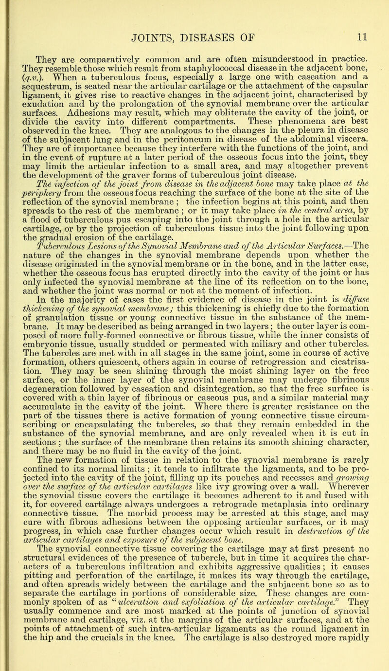 They are comparatively common and are often misunderstood in practice. They resemble those which result from staphylococcal disease in the adjacent bone, {q.v.). When a tuberculous focus, especially a large one with caseation and a sequestrum, is seated near the articular cartilage or the attachment of the capsular ligament, it gives rise to reactive changes in the adjacent joint, characterised by exudation and by the prolongation of the synovial membrane over the articular surfaces. Adhesions may result, which may obliterate the cavity of the joint, or divide the cavity into different compartments. These phenomena _ are best observed in the knee. They are analogous to the changes in the pleura in disease of the subjacent lung and in the peritoneum in disease of the abdominal viscera. They are of importance because they interfere with the functions of the joint, and in the event of rupture at a later period of the osseous focus into the joint, they may limit the articular infection to a small area, and may altogether prevent the development of the graver forms of tuberculous joint disease. The infection of the joint from disease in the adjacent hone may take place at the periphery from the osseous focus reaching the surface of the bone at the site of the reflection of the synovial membrane; the infection begins at this point, and then spreads to the rest of the membrane ; or it may take place in the central area, by a flood of tuberculous pus escaping into the joint through a hole in the articular cartilage, or by the projection of tuberculous tissue into the joint following upon the gradual erosion of the cartilage. Tuberculous Lesions of the Synovial Membrane and of the Articular Surfaces.—The nature of the changes in the synovial membrane depends upon whether the disease originated in the synovial membrane or in the bone, and in the latter case, whether the osseous focus has erupted directly into the cavity of the joint or has only infected the synovial membrane at the line of its reflection on to the bone, and whether the joint was normal or not at the moment of infection. In the majority of cases the first evidence of disease in the joint is diffuse thickening of the synovial membrane; this thickening is chiefly due to the formation of granulation tissue or young connective tissue in the substance of the mem- brane. It may be described as being arranged in two layers; the outer layer is com- posed of more fully-formed connective or fibrous tissue, while the inner consists of embryonic tissue, usually studded or permeated with miliary and other tubercles. The tubercles are met with in all stages in the same joint, some in course of active formation, others quiescent, others again in course of retrogression and cicatrisa- tion. They may be seen shining through the moist shining layer on the free surface, or the inner layer of the synovial membrane may undergo fibrinous degeneration followed by caseation and disintegration, so that the free surface is covered with a thin layer of fibrinous or caseous pus, and a similar material may accumulate in the cavity of the joint. Where there is greater resistance on the part of the tissues there is active formation of young connective tissue circum- scribing or encapsulating the tubercles, so that they remain embedded in the substance of the synovial membrane, and are only revealed when it is cut in sections ; the surface of the membrane then retains its smooth shining character, and there may be no fluid in the cavity of the joint. The new formation of tissue in relation to the synovial membrane is rarely confined to its normal limits ; it tends to infiltrate the ligaments, and to be pro- jected into the cavity of the joint, filling up its pouches and recesses and groiuing over the surface of the articular cartilages like ivy growing over a wall. Wherever the synovial tissue covers the cartilage it becomes adherent to it and fused with it, for covered cartilage always undergoes a retrograde metaplasia into ordinary connective tissue. The morbid process may be arrested at this stage, and may cure with fibrous adhesions between the opposing articular surfaces, or it may progress, in which case further changes occur which result in destruction of the articular cartilages and exposure of the subjacent bone. The synovial connective tissue covering the cartilage may at first present no structural evidences of the presence of tubercle, but in time it acquires the char- acters of a tuberculous infiltration and exhibits aggressive qualities; it causes pitting and perforation of the cartilage, it makes its way through the cartilage, and often spreads widely between the cartilage and the subjacent bone so as to separate the cartilage in portions of considerable size. These changes are com- monly spoken of as  ulceration and exfoliation of the articular cartilageP They usually commence and are most marked at the points of junction of synovial membrane and cartilage, viz. at the margins of the articular surfaces, and at the points of attachment of such intra-articular ligaments as the round ligament in the hip and the crucials in the knee. The cartilage is also destroyed more rapidly