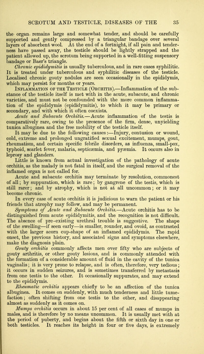 the organ remains large and somewhat tender, and should be carefully supported and gently compressed by a triangular bandage over several layers of absorbent wool. At the end of a fortnight, if all pain and tender- ness have passed away, the testicle should be lightly strapped and the patient allowed up, the scrotum being supported in a well-fitting suspensory bandage or Baer's triangle. Chronic epididymitis is usually tuberculous, and in rare cases syphilitic. It is treated under tuberculous and syphilitic diseases of the testicle. Localised chronic gouty nodules are seen occasionally in the epididymis, which may persist for months or years. Inflammation of the Testicle (Orchitis).—Inflammation of the sub- stance of the testicle itself is met with in the acute, subacute, and chronic varieties, and must not be confounded with the more common inflamma- tion of the epididymis (epididymitis), to which it may be primary or secondary, and with which it often coexists. Acute and Subacute Orchitis.—Acute inflammation of the testis is comparatively rare, owing to the presence of the firm, dense, unyielding tunica albuginea and the free mobility of the testicle itself. It may be due to the following causes:—Injury, contusion or wound, cold, extreme and prolonged ungratified sexual excitement, mumps, gout, rheumatism, and certain specific febrile disorders, as influenza, small-pox, typhoid, scarlet fever, malaria, septicaemia, and pyaemia. It occurs also in leprosy and glanders. Little is known from actual investigation of the pathology of acute orchitis, as the malady is not fatal in itself, and the surgical removal of the inflamed organ is not called for. Acute and subacute orchitis may terminate by resolution, commonest of all; by suppuration, which is rare; by gangrene of the testis, which is still rarer; and by atrophy, which is not at all uncommon; or it may become chronic. In every case of acute orchitis it is judicious to warn the patient or his friends that atrophy may follow, and may be permanent. Symptoms of Acute and Subacute Orchitis.—Acute orchitis has to be distinguished from acute epididymitis, and the recognition is not difficult. The absence of pre-existing urethral trouble is suggestive. The shape of the swelhng—if seen early—is smaller, rounder, and ovoid, as contrasted with the larger acorn cup-shape of an inflamed epididymis. The rapid onset, the previous history, and associated signs and symptoms elsewhere, make the diagnosis plain. Gouty orchitis commonly affects men over fifty who are subjects of gouty arthritis, or other gouty lesions, and is commonly attended with the formation of a considerable amount of fluid in the cavity of the tunica vaginalis; it is very prone to relapse, and is often, therefore, very tedious; it occurs in sudden seizures, and is sometimes transferred by metastasis from one testis to the other. It occasionally suppurates, and may extend to the epididymis. Rheumatic orchitis appears chiefly to be an affection of the tunica albuginea. It comes on suddenly, with much tenderness and little tume- faction; often shifting from one testis to the other, and disappearing almost as suddenly as it comes on. Mumps orchitis occurs in about 15 per cent of all cases of mumps in males, and is therefore by no means uncommon. It is usually met with at the period of puberty, and begins about the fifth or sixth day in one or both testicles. It reaches its height in four or five days, is extremely