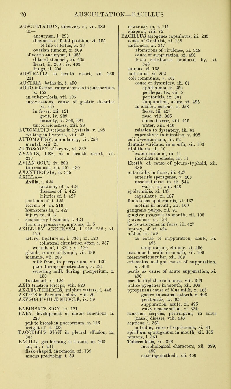 AUSCULTATION, discovery of, vii. 389 in— aneurysm, i. 220 diagnosis of foetal position, vi. 155 of life of foetus, x. 36 ovarian tumour, x. 509 of aortic aneurysm, i. 285 dilated stomach, xi. 435 heart, ii. 206 ; iv. 403 lungs, ii. 204 AUSTRALIA as health resort, xii. 230, 241 AUSTRIA, baths in, i. 450 AUTO-infection, cause of sepsis in puerperium, x. 152 in tuberculosis, vii. 106 intoxications, cause of gastric disorder, xi. 417 in fever, xii. 121 gout, iv. 229 insanity, v. 308, 381 unconsciousness, xiii. 28 AUTOMATIC actions in hysteria, v. 128 writing in hysteria, xiii. 22 AUTOMATISM, ambulatory, vii. 258 mental, xiii. 21 AUTOSCOPY of larynx, vi. 332 AVANTS, LES, as a health resort, xii. 233 AVIAN GOUT, iv. 202 tuberculosis, xii. 401, 430 AXANTHOPSIA, ii. 345 AXILLA— Axilla, i. 424 anatomy of, i. 424 diseases of, i. 425 injuries of, i. 427 contents of, i. 425 eczema of, iii. 219 haematoma in, i. 427 injury to, ii. 3 suspensory ligament, i. 424 tumour, pressure symptoms, ii. 5 AXILLARY ANEURYSM, i. 218, 236 ; xi. 120 artery, ligature of, i. 336 ; xi. 123 collateral circulation after, i. 337 wounds of, i. 329 ; xi. 120 glands, source of lymph, vii. 189 mammae, vii. 283 milk from, in puerperium, xii. 130 pain during menstruation, x. 131 secreting milk during puerperium, x. 130 treatment, xi. 120 AXIS traction forceps, viii. 520 AX-LES-THERMES, sulphur waters, i. 448 AZTECS in Barnum's show, viii. 29 AZYGOS VYVLM MUSCLE, ix. 39 BABINSKI'S SIGN, ix. 121 BABY, development of motor functions, ii. 226 put to breast in puerperium, x. 146 weight of, ii. 223 BACCELLI'S SIGN in pleural effusion, ix. 385 BACILLI gas forming in tissues, iii. 263 air, in, i. Ill flask-shaped, in comedo, xi. 139 mucus producing, i. 59 sewer air, in, i. Ill shape of, viii. 75 BACILLUS aerogenes capsulatus, iii. 263 acnes of Gilchrist, xi. 138 anthracis, xi. 347 alterations of virulence, xi. 348 cause of suppuration, xi. 496 toxic substances produced by, xi. 348 aureus, xi. 138 botulinus, xi. 252 coli communis, v. 407 cause of dysentery, iii. 61 ophthalmia, ii. 352 perihepatitis, vii. 5 peritonitis, ix. 301 suppuration, acute, xi. 495 in cholera nostras, ii. 258 faeces, iii. 427 nose, viii. 366 sinus disease, viii. 415 water, xiii. 446 relation to dysentery, iii. 63 saprophyte in intestine, v. 408 coli dysentericum, iii. 62 dentalis viridans, in mouth, xii. 106 diphtheria, iii. 10 examination of, iii. 11 inoculation effects, iii. 11 Eberth, of, cause of pleuro - typhoid, xii. 489 enteritidis in faeces, iii. 427 enteritis sporagenes, v. 408 unsound meat, in, iii. 544 water, in, xiii. 446 epidermidis, xi. 137 capsulatus, xi. 137 fluorescens epidermidis, xi. 137 motilis in mouth, xii. 109 gangrenae pulpse, xii. 91 gingivae pyogenes in mouth, xii. 106 graveolens, xi. 138 lactis aerogenes in faeces, iii. 427 leprosy, of, vi. 424 mallei, iv. 159 as cause of suppuration, acute, xi. 495 suppuration, chronic, xi. 496 maximus buccalis in mouth, xii. 109 mesentericus ruber, xii. 109 oedematus maligni, cause of suppuration, xi. 496 pestis as cause of acute suppuration, xi. 496 pseudo-diphtheriae in nose, viii. 366 pulpae pyogenes in mouth, xii. 106 pyocyaneus cause of blue milk, x. 168 gastro-intestinal catarrh, v. 408 peritonitis, ix. 303 suppuration, acute, xi. 495 waxy degeneration, vi. 324 ramosus, serpens, perfringens, in sinus (nasal) disease, viii. 416 septicus, i. 361 putridus, cause of septicaemia, xi. 83 spirillum sputugenum in mouth, xii. 105 tetanus, i. 361 Tuberculosis, xii. 398 morphological characters, xii. 399, 480 staining methods, xii. 400