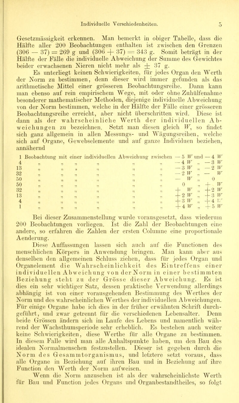 Gesetzmässigkeit erkennen. Man bemerkt in obiger Tabelle, class die Hälfte aller 200 Beobachtungen enthalten ist zwischen den Grenzen (306 — 37) = 269 g und (306 + 37) = 343 g. Somit beträgt in der Hälfte der Fälle die individuelle Abweichung der Summe des Gewichtes beider erwachsenen Nieren nicht mehr als ± 37 g. Es unterliegt keinen Schwierigkeiten, für jedes Organ den Werth der Norm zu bestimmen, denn dieser wird immer gefunden als das arithmetische Mittel einer grösseren Beobachtungsreihe. Dann kann man ebenso auf rein empirischem Wege, mit oder ohne Zuhülfenahme besonderer mathematischer Methoden, diejenige individuelle Abweichung von der Norm bestimmen, welche in der Hälfte der Fälle einer grösseren Beobachtungsreihe erreicht, aber nicht überschritten wird. Diese ist dann als der wahrscheinliche Werth der individuellen Ab- weichungen zu bezeichnen. Setzt man diesen gleich TT, so findet sich ganz allgemein in allen Messungs- und Wägungsreihen, welche sich auf Organe, Gewebselemente und auf ganze Individuen beziehen, annähernd 1 Beobachtung mit einer individuellen Abweichung zwischen — o W und — 4 W a 4 w — 3 w * n n n n » n * rr r> ° fr 13 „ „ „ „ :, ., 3 W „ 2 W 32 „ „ „ „ ., ., 2 W ,, W 50 „ „ „ „ •-, <i W Tj 0 50 „ „ „ „ n „ 0 „ -f- W 32 „ „ „ „ „ + W „ +2 W 13 „ „ „ „ „ + 2 W „ + 3 W 4 „ „ „ „ „ „ +3TF „ +4 W 1 „ „ „ „ „ „ „ +5 W Bei dieser Zusammenstellung wurde vorausgesetzt, dass wiederum 200 Beobachtungen vorliegen. Ist die Zahl der Beobachtungen eine andere, so erfahren die Zahlen der ersten Columne eine proportionale Aenderung. Diese Auffassungen lassen sich auch auf die Functionen des menschlichen Körpers in Anwendung bringen. Man kann aber aus denselben den allgemeinen Schluss ziehen, dass für jedes Organ und Organelement die Wahrscheinlichkeit des Eintreffens einer individuellen Abweichung von derNorm in einer bestimmten Beziehung steht zu der Grösse dieser Abweichung. Es ist dies ein sehr wichtiger Satz, dessen praktische Verwendung allerdings abhängig ist von einer vorausgehenden Bestimmung des Werthes der Norm und des wahrscheinlichen Werthes der individuellen Abweichungen. Für einige Organe habe ich dies in der früher erwähnten Schrift durch- geführt, und zwar getrennt für die verschiedenen Lebensalter. Denn beide Grössen ändern sich im Laufe des Lebens und namentlich wäh- rend der Wachsthumsperiode sehr erheblich. Es bestehen auch weiter keine Schwierigkeiten, diese Werthe für alle Organe zu bestimmen. In diesem Falle wird man alle Anhaltspunkte haben, um den Bau des idealen Normalmenschen festzustellen. Dieser ist gegeben durch die Norm des Gesammtorganismus, und letztere setzt voraus, dass alle Organe in Beziehung auf ihren Bau und in Beziehung auf ihre B\inction den AVerth der Norm aufweisen. Wenn die Norm anzusehen ist als der wahrscheinlichste Werth für Bau und Function jedes Organs und Organbestandtheiles, so folgt