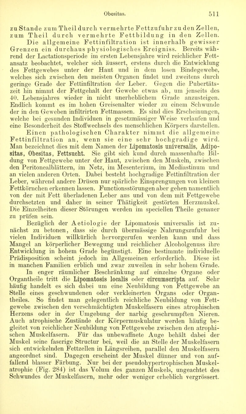 zu Stande zum Theil durch vermehrte Fettzufuhr zu den Zellen, zum Theil durch vermehrte Fettbildung in den Zellen. Die allgemeine Fettinfiltration ist innerhalb gewisser Grenzen ein durchaus physiologisches Ereigniss. Bereits wäh- rend der Lactationsperiode im ersten Lebensjahre wird reichlicher Fett- ansatz beobachtet, welcher sich äussert, erstens durch die Entwicklung des Fettgewebes unter der Haut und in dem losen Bindegewebe, welches sich zwischen den meisten Organen findet und zweitens durch geringe Grade der Fettinfiltration der Leber. Gegen die Pubertäts- zeit hin nimmt der Fettgehalt der Gewebe etwas ab, um jenseits des 40. Lebensjahres wieder in nicht unerheblichem Grade anzusteigen. Endlich kommt es im hohen Greisenalter wieder zu einem Schwunde der in den Geweben infiltrirten Fettmassen. Es sind dies Erscheinungen, welche bei gesunden Individuen in gesetzmässiger Weise verlaufen und eine Besonderheit des Stoffwechsels des menschlichen Körpers darstellen. Einen pathologischen Charakter nimmt die allgemeine Fettinfiltration an, wenn sie eine sehr hochgradige wird. Man bezeichnet dies mit dem Namen der Lipomatosis universalis, Adipo- sitas, Obesitas, Fettsucht. Sie gibt sich kund durch massenhafte Bil- dung von Fettgewebe unter der Haut, zwischen den Muskeln, zwischen den Peritonealblättern, im Netz, im Mesenterium, im Mediastinum und an vielen anderen Orten. Dabei besteht hochgradige Fettinfiltration der Leber, während andere Drüsen nur spärliche Einsprengungen von kleinen Fettkörnchen erkennen lassen. Functionsstörungen aber gehen namentlich von der mit Fett überladenen Leber aus und von dem mit Fettgewebe durchsetzten und daher in seiner Thätigkeit gestörten Herzmuskel. Die Einzelheiten dieser Störungen werden im speciellen Theile genauer zu prüfen sein. Bezüglich der Aetiologie der Lipomatosis universalis ist zu- nächst zu betonen, dass sie durch übermässige Nahrungszufuhr bei vielen Individuen willkürlich hervorgerufen werden kann und dass Mangel an körperlicher Bewegung und reichlicher Alcoholgenuss ihre Entwicklung in hohem Grade begünstigt. Eine bestimmte individuelle Prädisposition scheint jedoch im Allgemeinen erforderlich. Diese ist in manchen Familien erblich und zwar zuweilen in sehr hohem Grade. In enger räumlicher Beschränkung auf einzelne Organe oder Organtheile tritt die Lipomatosis localis oder circumscripta auf. Sehr häufig handelt es sich dabei um eine Neubildung von Fettgewebe an Stelle eines geschwundenen oder verkleinerten Organs oder Organ- theiles. So findet man gelegentlich reichliche Neubildung von Fett- gewebe zwischen den verschmächtigten Muskelfasern eines atrophischen Herzens oder in der Umgebung der narbig geschrumpften Nieren. Auch atrophische Zustände der Körpermuskulatur werden häufig be- gleitet von reichlicher Neubildung von Fettgewebe zwischen den atrophi- schen Muskelfasern. Für das unbewaffnete Auge behält dabei der Muskel seine faserige Structur bei, weil die an Stelle der Muskelfasern sich entwickelnden Fettzellen in Längsreihen, parallel den Muskelfasern angeordnet sind. Dagegen erscheint der Muskel dünner und von auf- fallend blasser Färbung. Nur bei der pseudohypertrophischen Muskel- atrophie (Fig. 284) ist das Yolum des ganzen Muskels, ungeachtet des Schwundes der Muskelfasern, mehr oder weniger erheblich vergrössert.