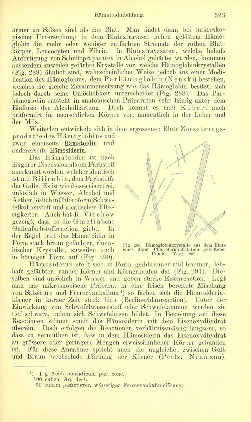 ärmer an Salzen sind pischer Untersuchung als das Blut. Man findet dann bei mikrosko- in dem Blutextravasat neben gelöstem Hämo- globin die mehr oder weniger entfärbten Stromata der rothen Blut- körper, Leucocyten und Fibrin. In Blutextravasaten, welche behufs Anfertigung von Schnittpräparaten in Alcohol gehärtet wurden, kommen ausserdem zuweilen gefärbte Krystalle vor, welche Hämoglobinkrystallen (Fig. 289) ähnlich sind, wahrscheinlicher Weise jedoch aus einer Modi- fication des Hämoglobins, dem P a r h ä m o g 1 o b i n (N e n s k i) bestehen, welches die gleiche Zusammensetzung wie das Hämoglobin besitzt, sich jedoch durch seine Unlöslichkeit unterscheidet (Fig. 288). Das Par- hämoglobin entsteht in anatomischen Präparaten sehr häufig unter dem Einflüsse der Alcoholhärtung. Doch kommt es nach K o b e r t auch präformirt im menschlichen Körper vor, namentlich in der Leber und der Milz. Weiterhin entwickeln sich in dem ergossenen Blute Zersetzungs- producte des Hämoglobins und zwar einerseits Hämatoidin und andererseits Hämosiderin. Das Hämatoidin ist nach längerer Discussion als ein Farbstoff' anerkannt worden, welcher identisch ist mit Bilirubin, dem Farbstoffe der Galle. Es ist wie dieses eisenfrei, unlöslich in Wasser, Alcohol und Aether,lösl i ch inChloroform,Seil w e- felkohlenstoff und akratischen Flüs- sigkeiten. Auch hat B. Vi r c h ow gezeigt, dass es die Gr m e 1 i n'sche Gallenfarbstoffreaction giebt. In der Begel tritt das Hämatoidin in Form stark braun gefärbter, rhom- bischer Krystalle, zuweilen auch in körniger Form auf (Fig. 290). Hämosiderin stellt sich in Form gelbbrauner und brauner, haft gefärbter, runder Körner und Körnerhaufen dar (Fig. 291). selben sind unlöslich in Wasser und geben starke Eisenreaction. Legt man das mikroskopische Präparat in eine frisch bereitete Mischung von Salzsäure und F erro cyan k alium x) so färben sich die Hämosiderin- körner in kurzer Zeit stark blau (Berlinerblaureaction). Unter der Einwirkung von Schwefelwasserstoff oder Schwefelammon werden sie tief schwarz, indem sich Schwefeleisen bildet. In Beziehung auf diese Reactionen stimmt somit das Hämosiderin mit dem Eisenoxydhydrat überein. Doch erfolgen die Reactionen verhältnissmässig langsam, so dass zu vermuthen ist, dass in dem Hämosiderin das Eisenoxydhydrat an grössere oder geringere Mengen eiweissähnlicher Körper gebunden ist. Für diese Annahme spricht auch die ungleiche, zwischen Gelb und Braun wechselnde Färbung der ' Körner (Perls. Neu mann). Fig. einet 288. Hämoglobinkrystalle aus durch Chloroforminhaiation Hundes. Vergr. 250. dem Blute getödteten leb- Die- *) 1 g Acid. muriaticum pur. conc. 100 cubcm Aq. dest. 50 cubcm gesättigter, wässeriger Ferrocyankaliumlösimg.